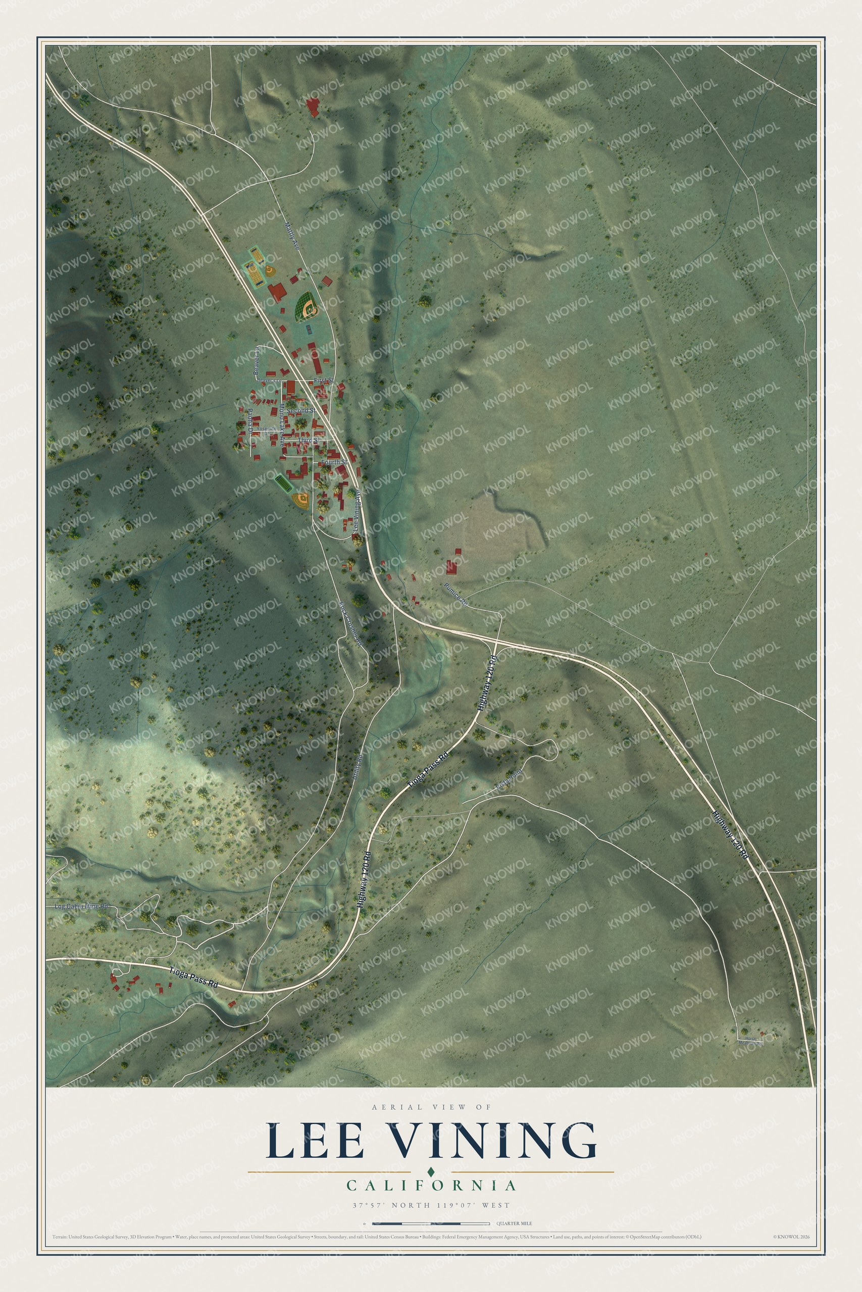 Full map of Lee Vining, California, with red buildings, printed street names and the land around them