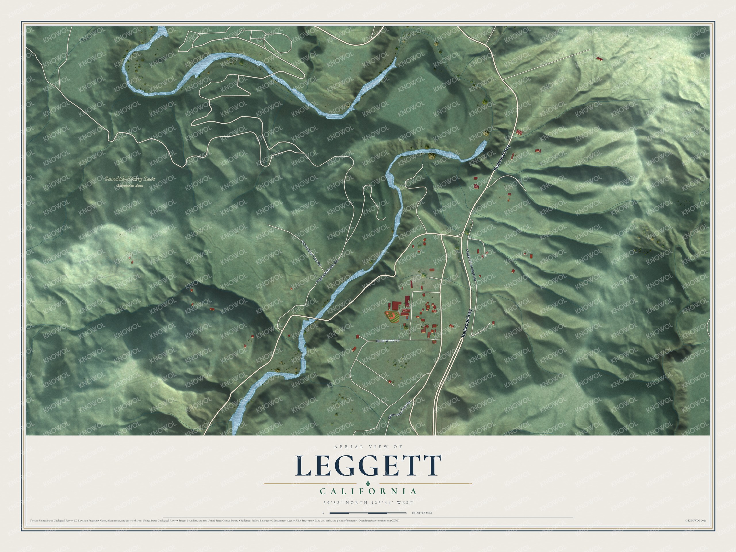 Full map of Leggett, California, with red buildings, printed street names and the land around them