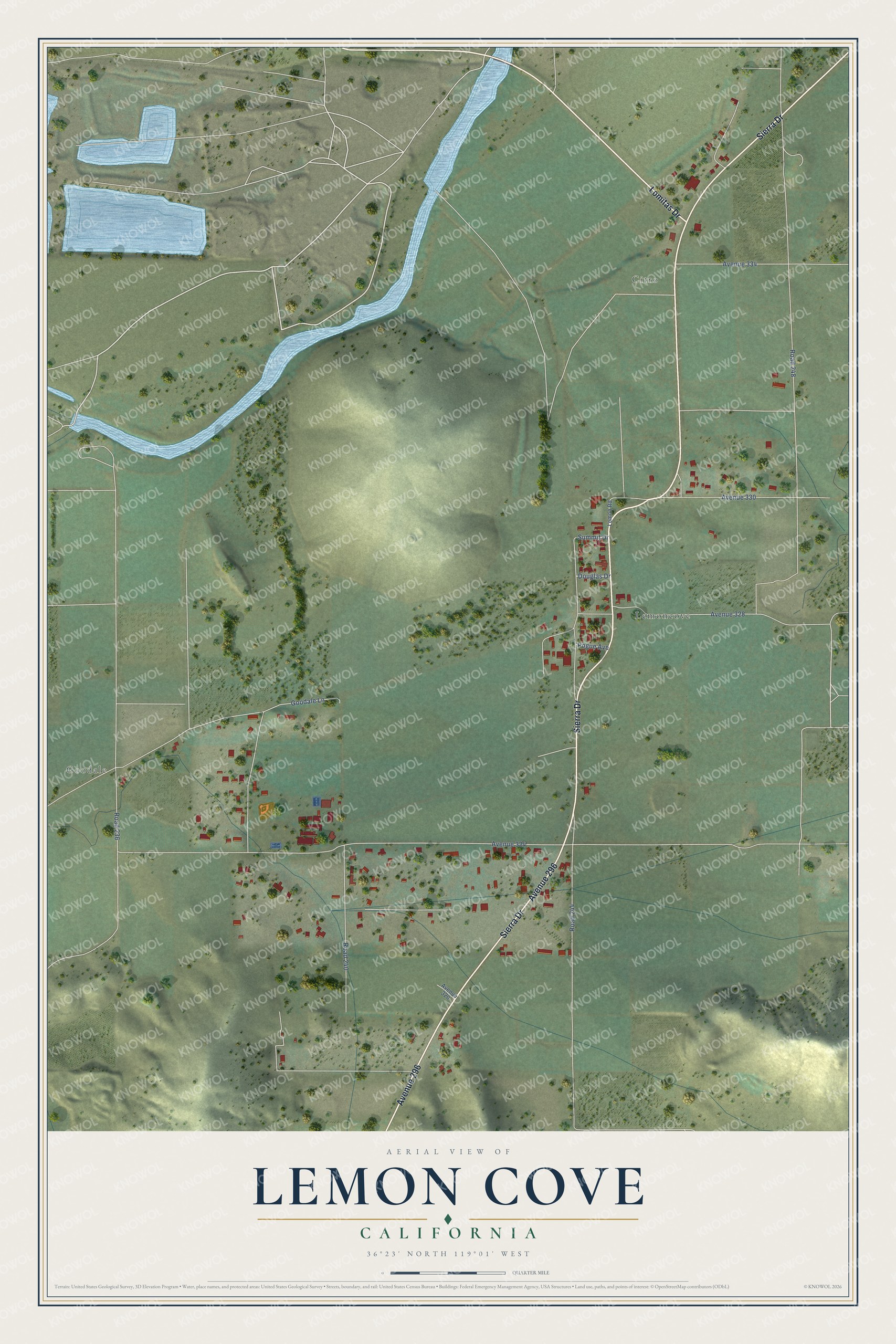 Full map of Lemon Cove, California, with red buildings, printed street names and the land around them
