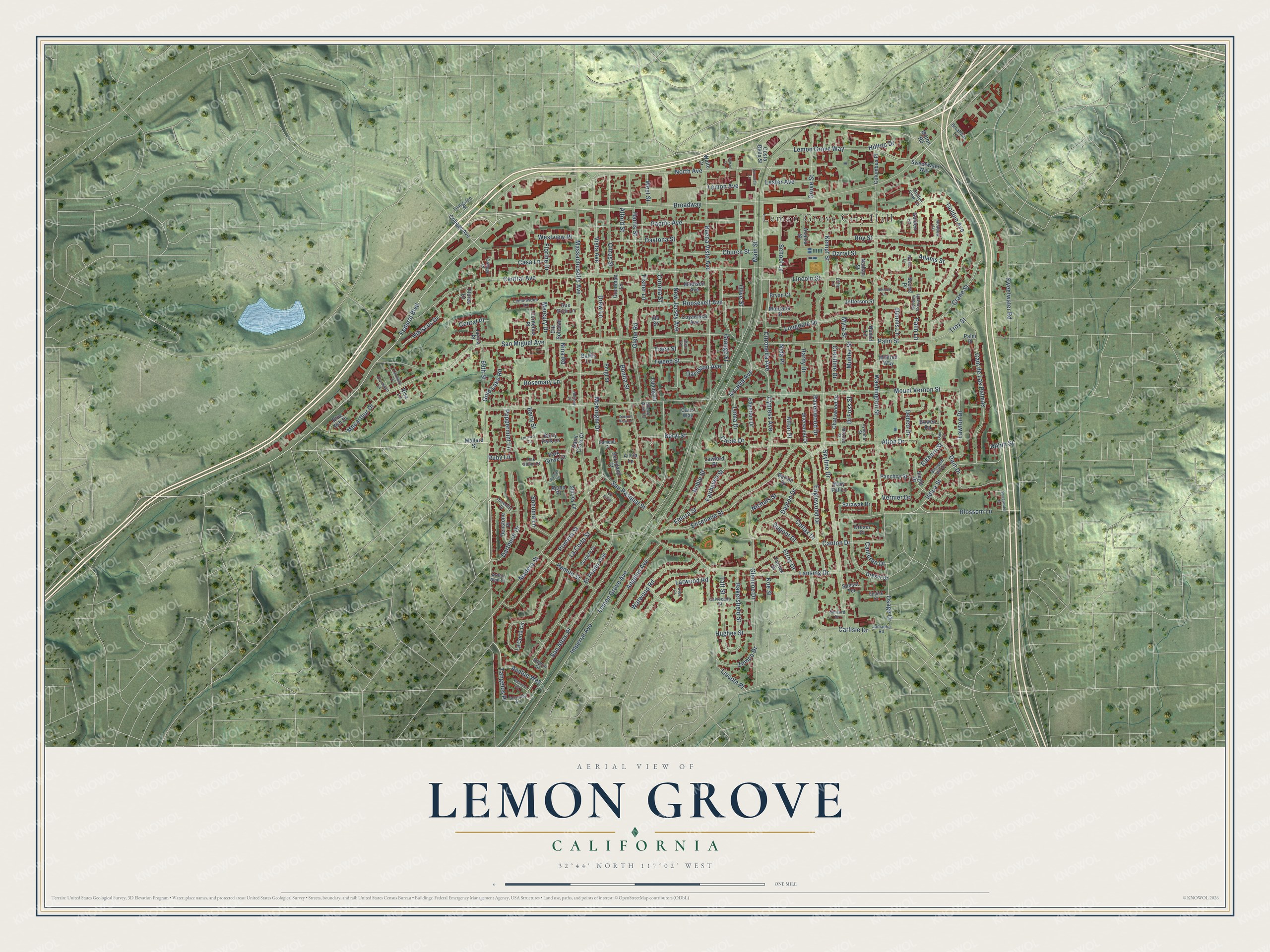Full map of Lemon Grove, California, with red buildings, printed street names and the land around them