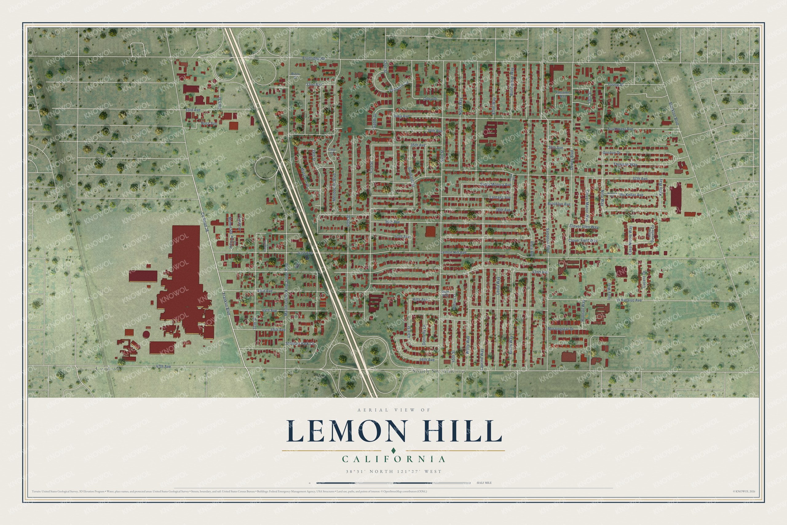 Full map of Lemon Hill, California, with red buildings, printed street names and the land around them