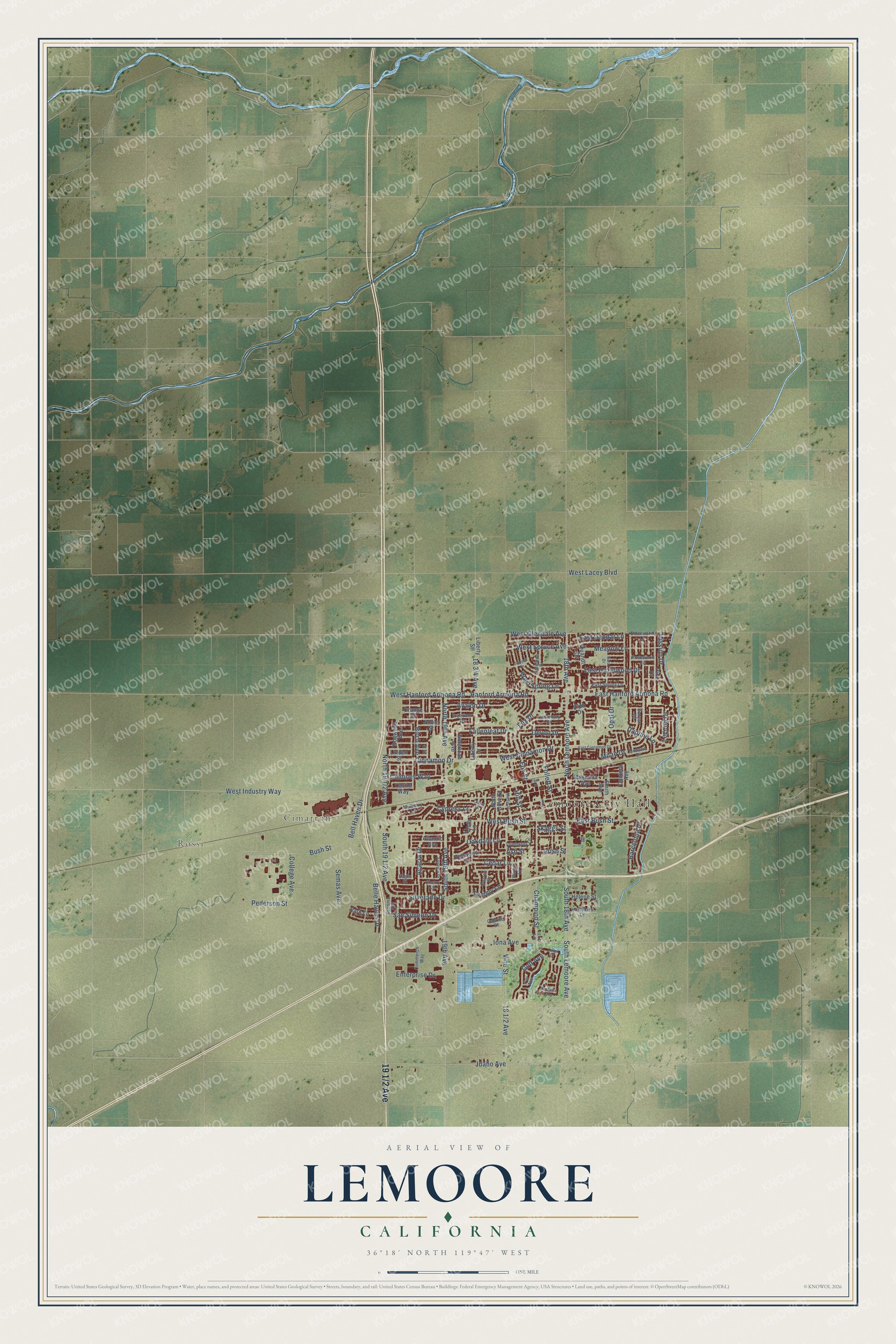 Full map of Lemoore, California, with red buildings, printed street names and the land around them