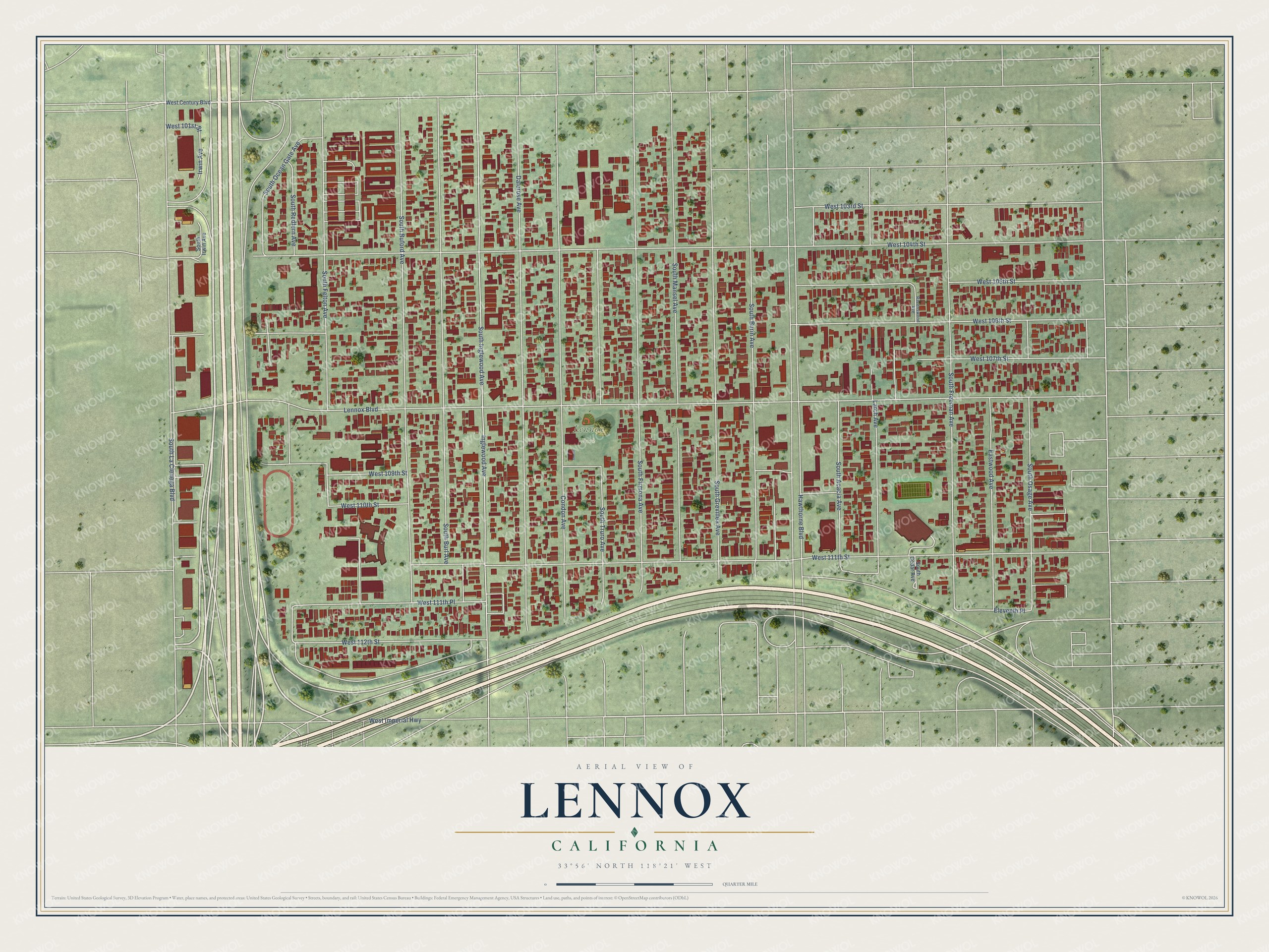 Full map of Lennox, California, with red buildings, printed street names and the land around them