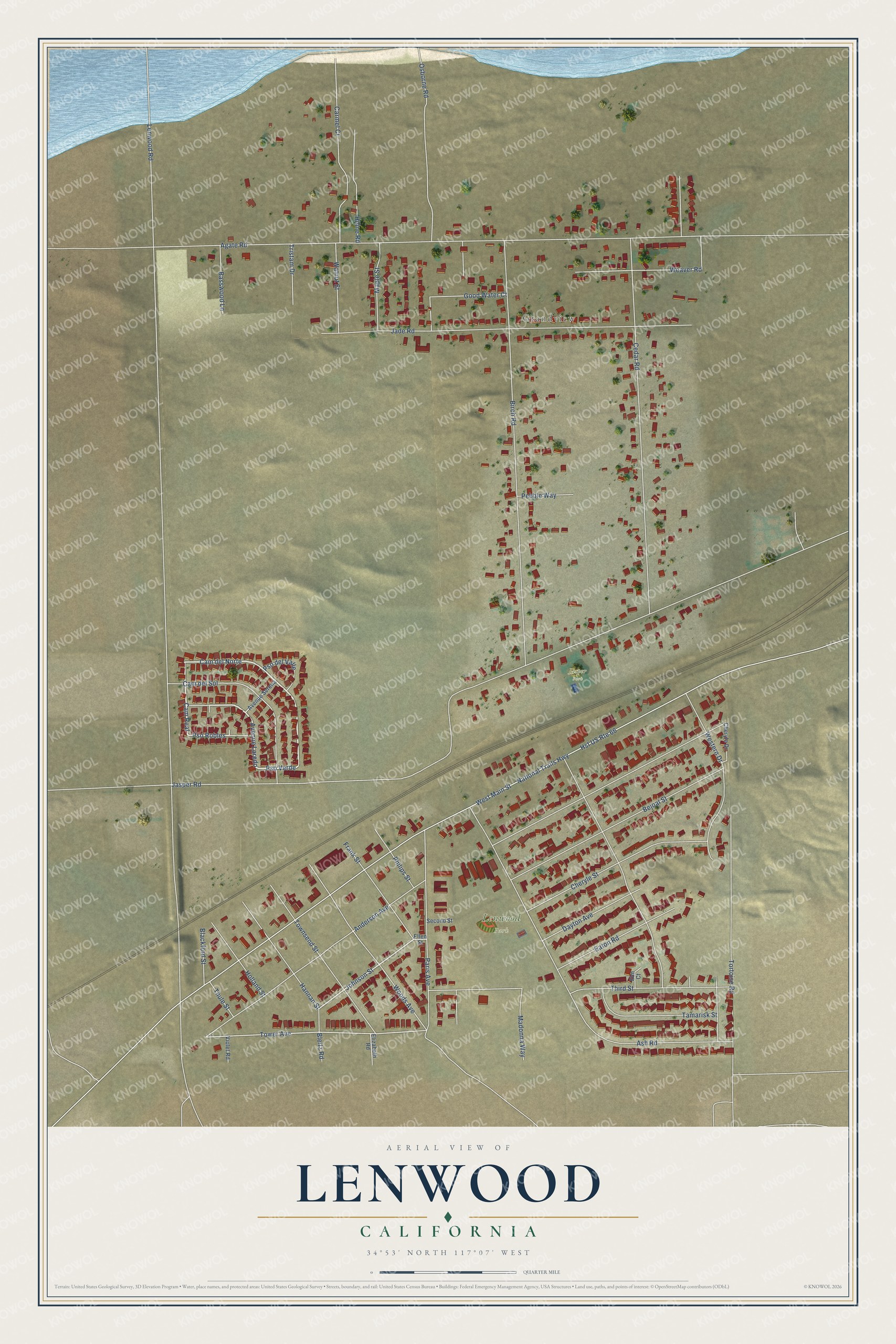 Full map of Lenwood, California, with red buildings, printed street names and the land around them