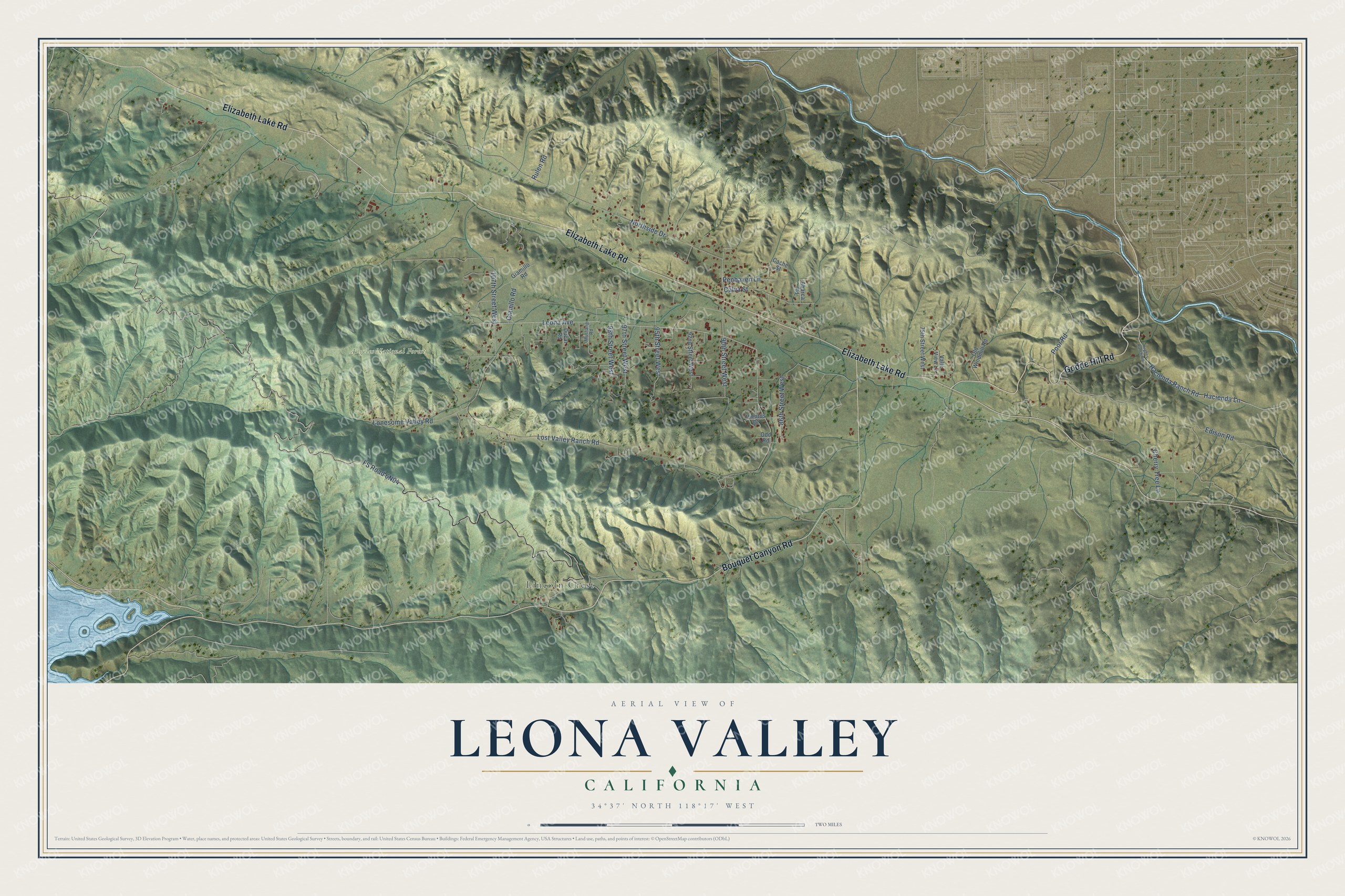 Full map of Leona Valley, California, with red buildings, printed street names and the land around them