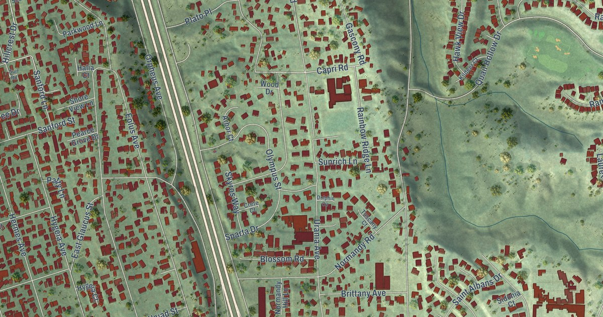 Close-up of streets and buildings in Leucadia, California