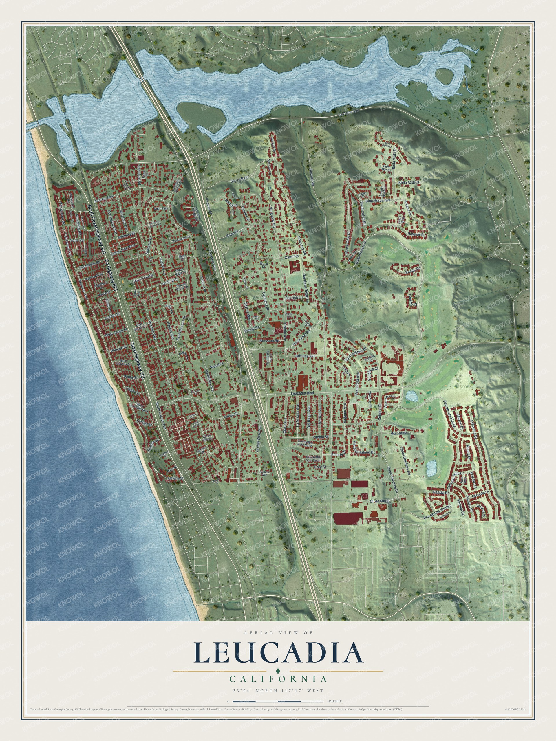 Full map of Leucadia, California, with red buildings, printed street names and the land around them