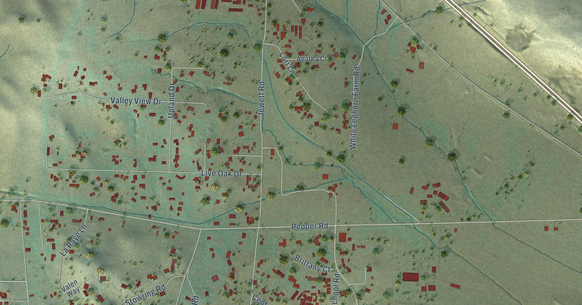 Close-up of streets and buildings in Liberty, California