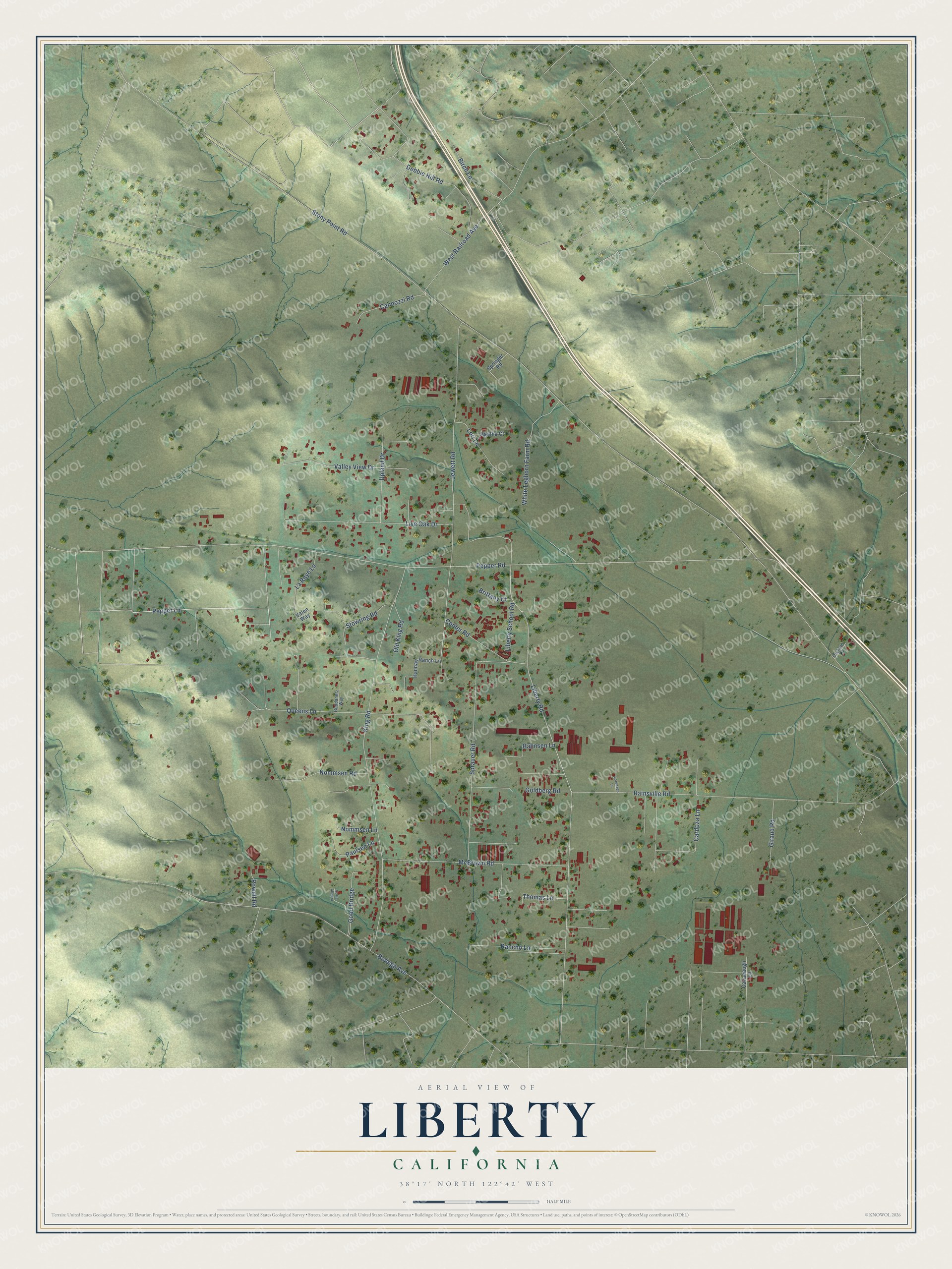 Full map of Liberty, California, with red buildings, printed street names and the land around them