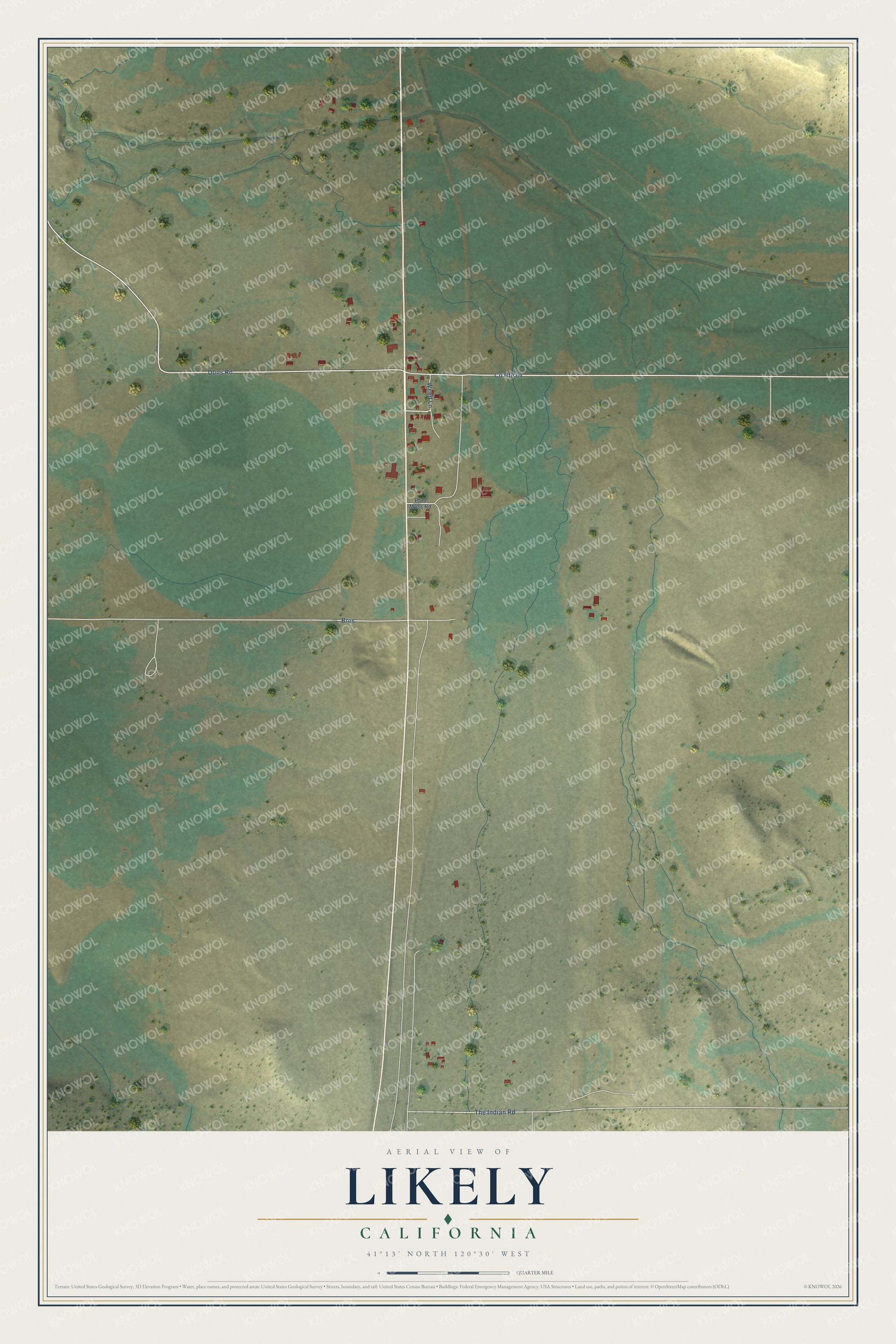 Full map of Likely, California, with red buildings, printed street names and the land around them