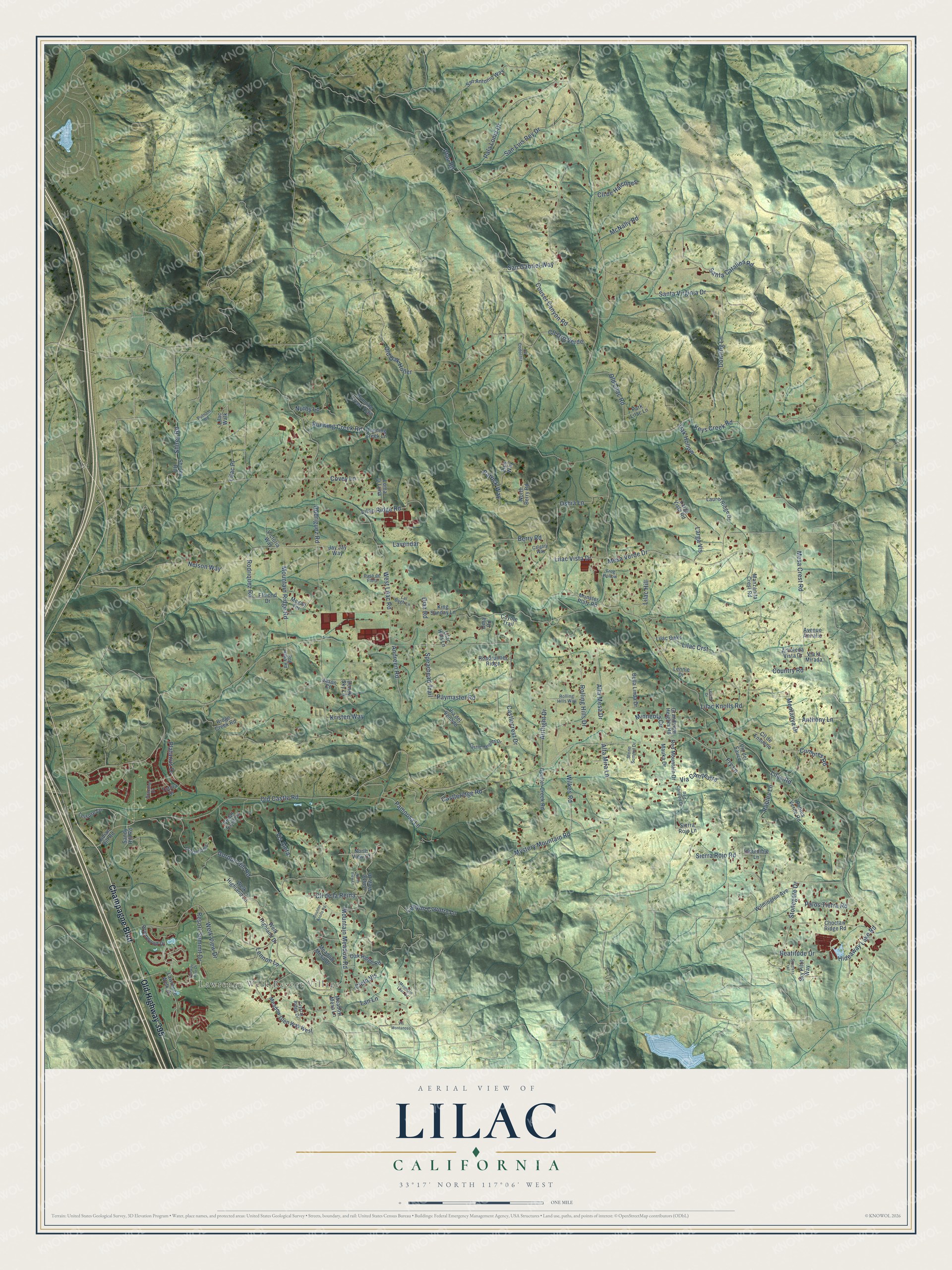Full map of Lilac, California, with red buildings, printed street names and the land around them