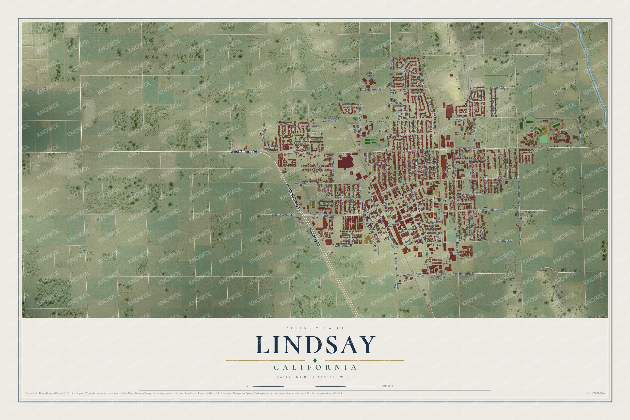 Full map of Lindsay, California, with red buildings, printed street names and the land around them