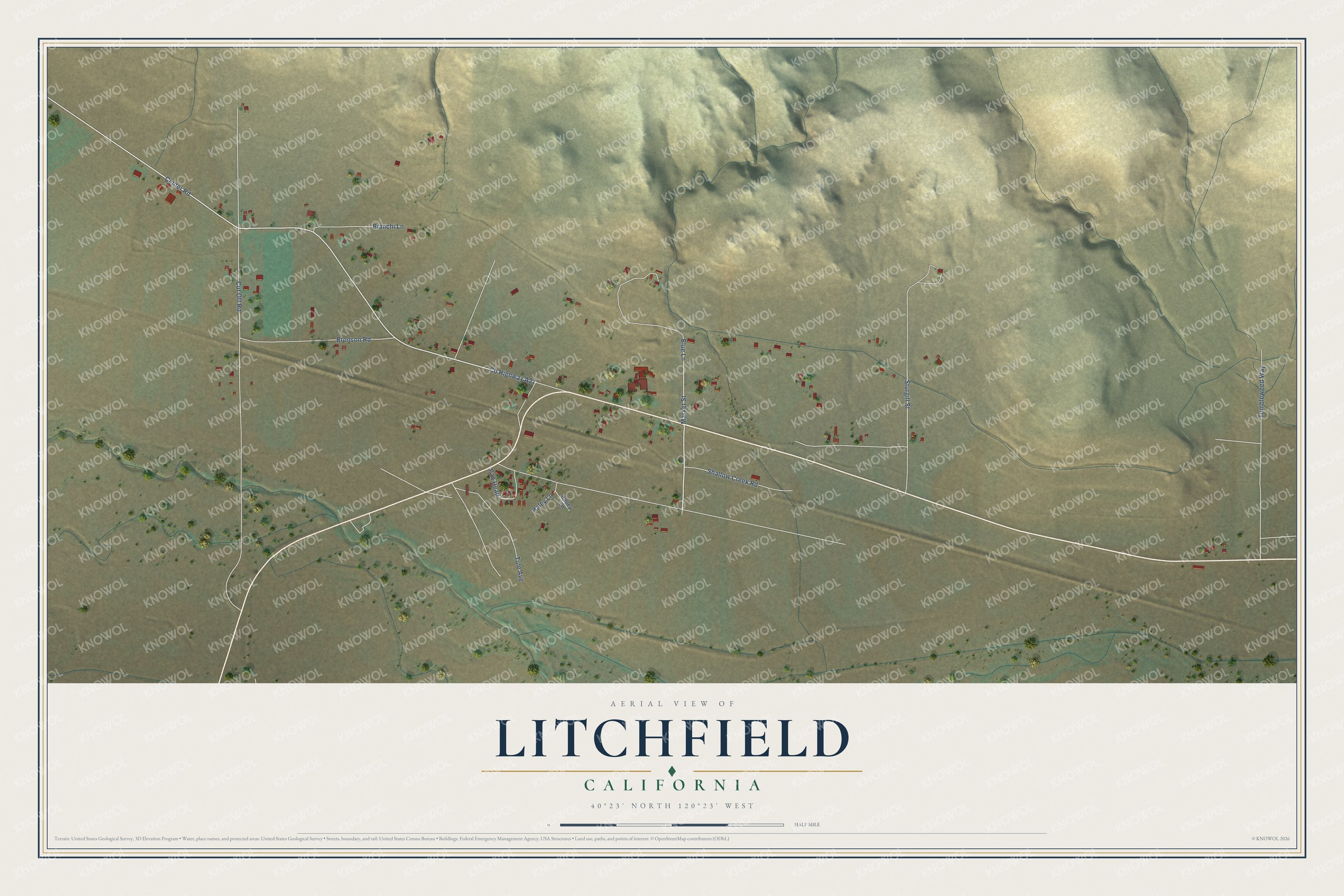 Full map of Litchfield, California, with red buildings, printed street names and the land around them