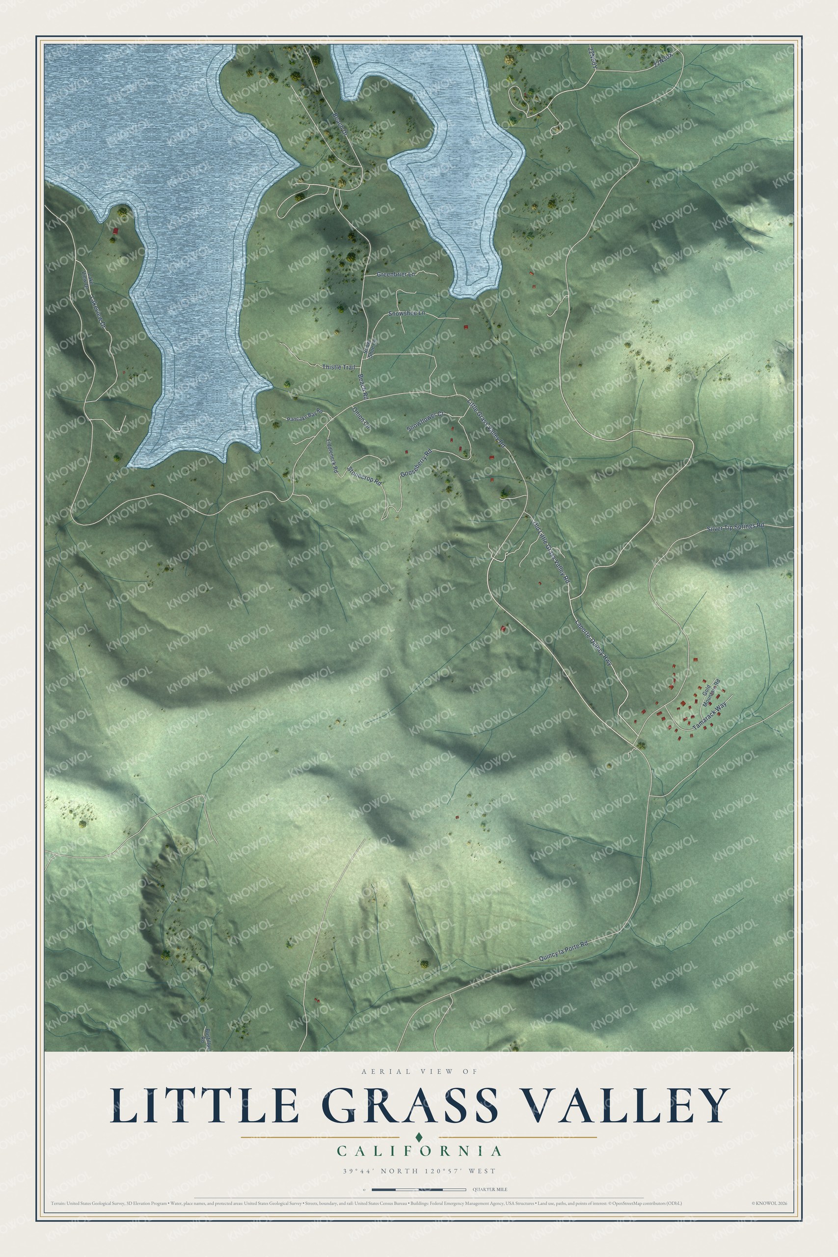 Full map of Little Grass Valley, California, with red buildings, printed street names and the land around them