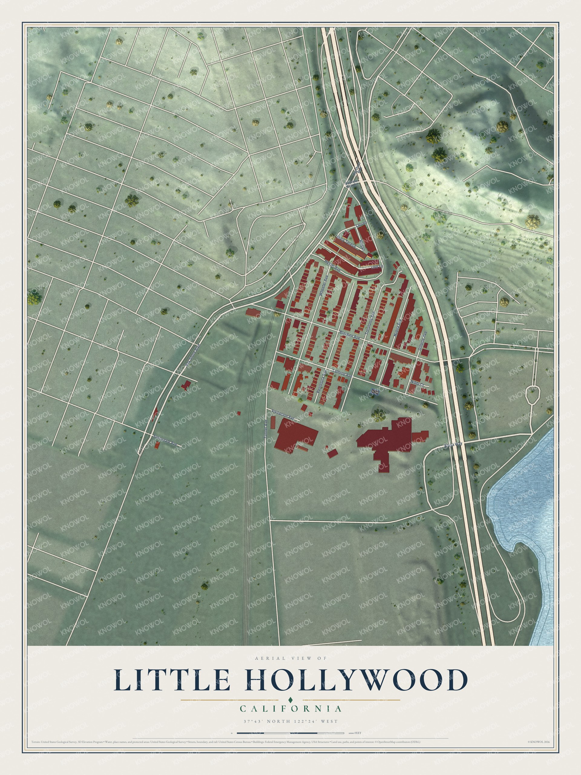Full map of Little Hollywood, California, with red buildings, printed street names and the land around them