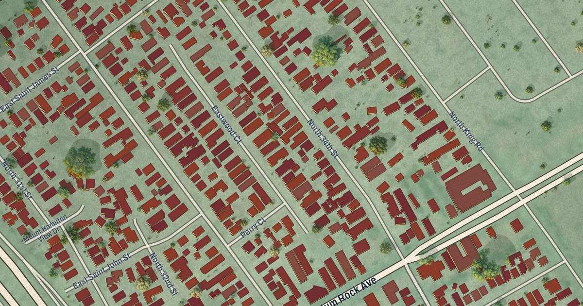 Close-up of streets and buildings in Little Portugal, California