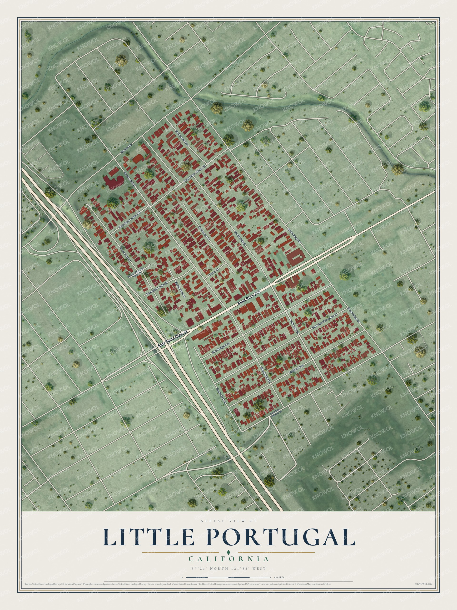 Full map of Little Portugal, California, with red buildings, printed street names and the land around them