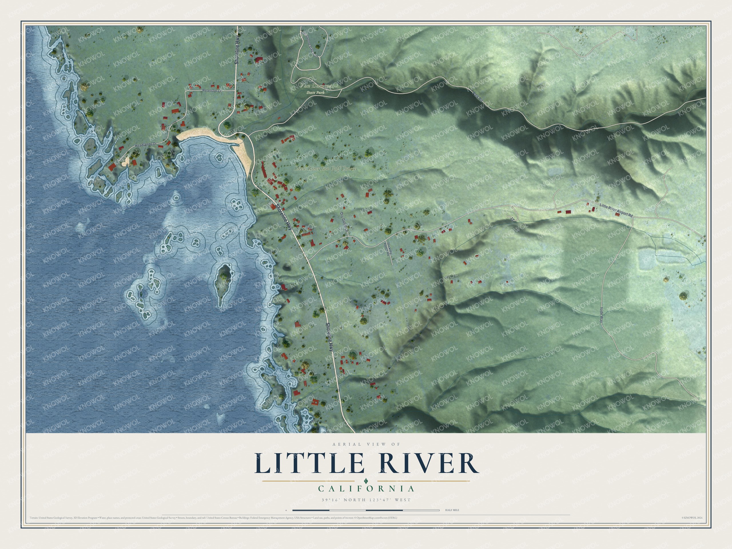 Full map of Little River, California, with red buildings, printed street names and the land around them