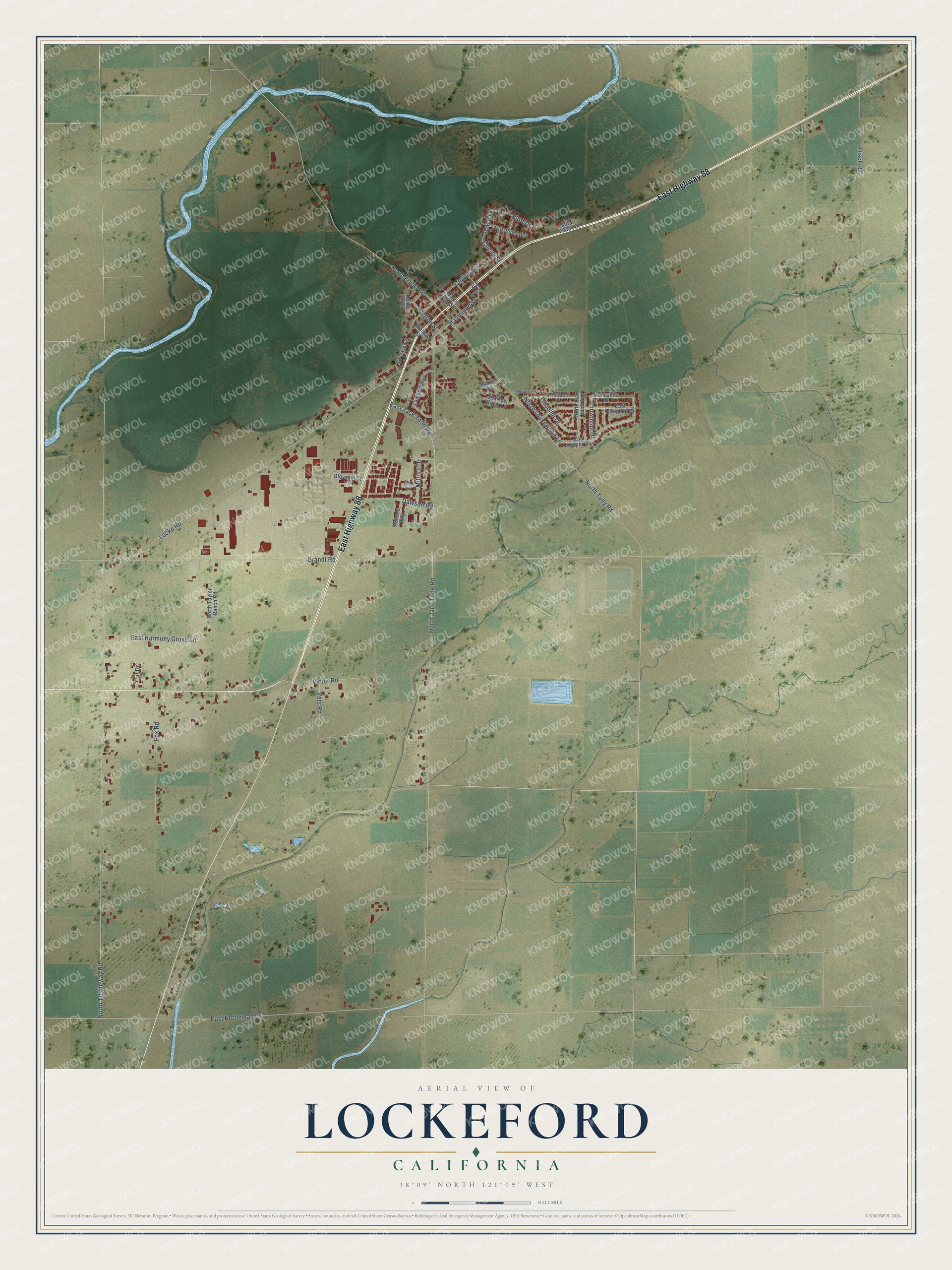 Full map of Lockeford, California, with red buildings, printed street names and the land around them