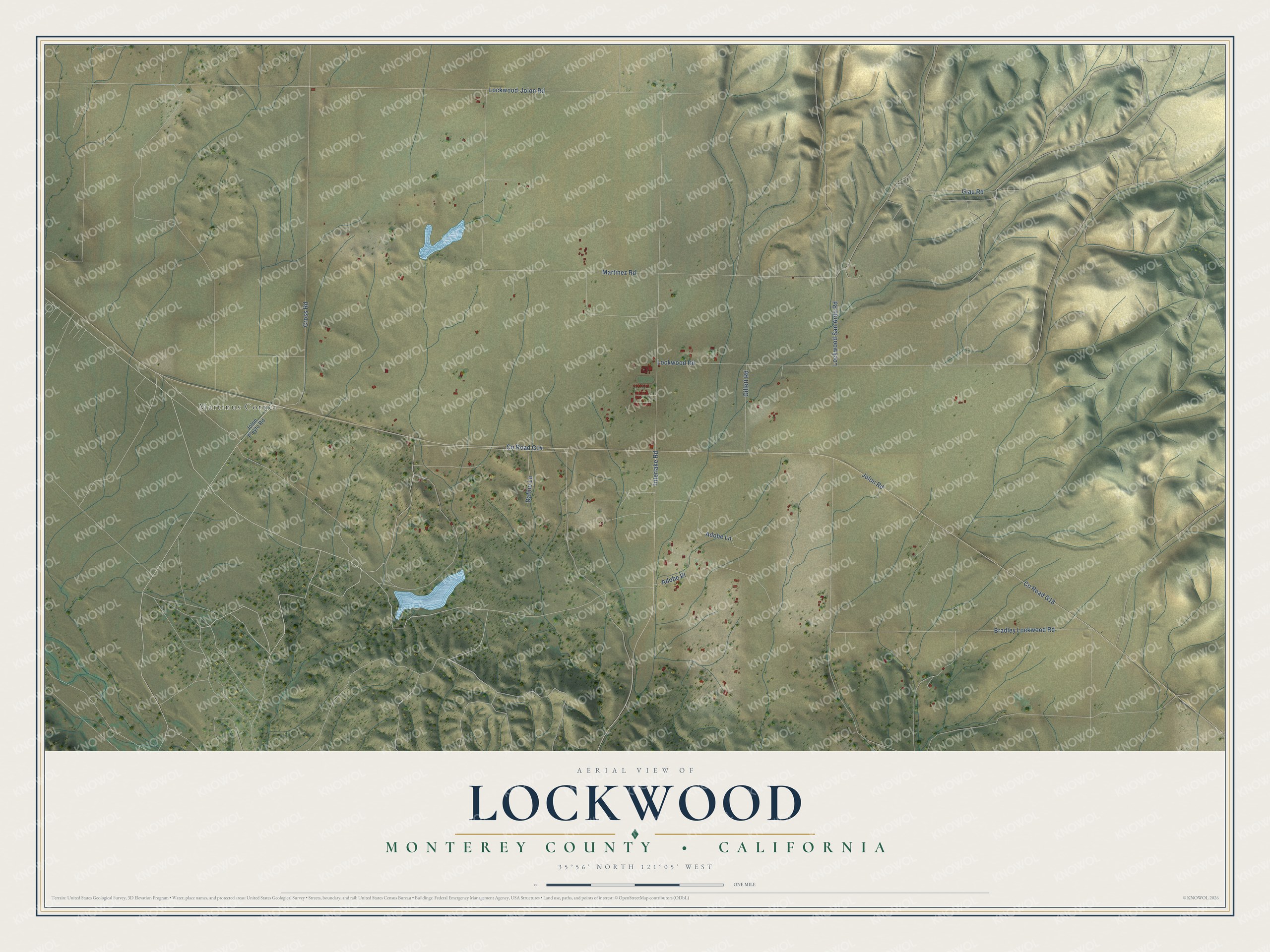 Full map of Lockwood, California, with red buildings, printed street names and the land around them