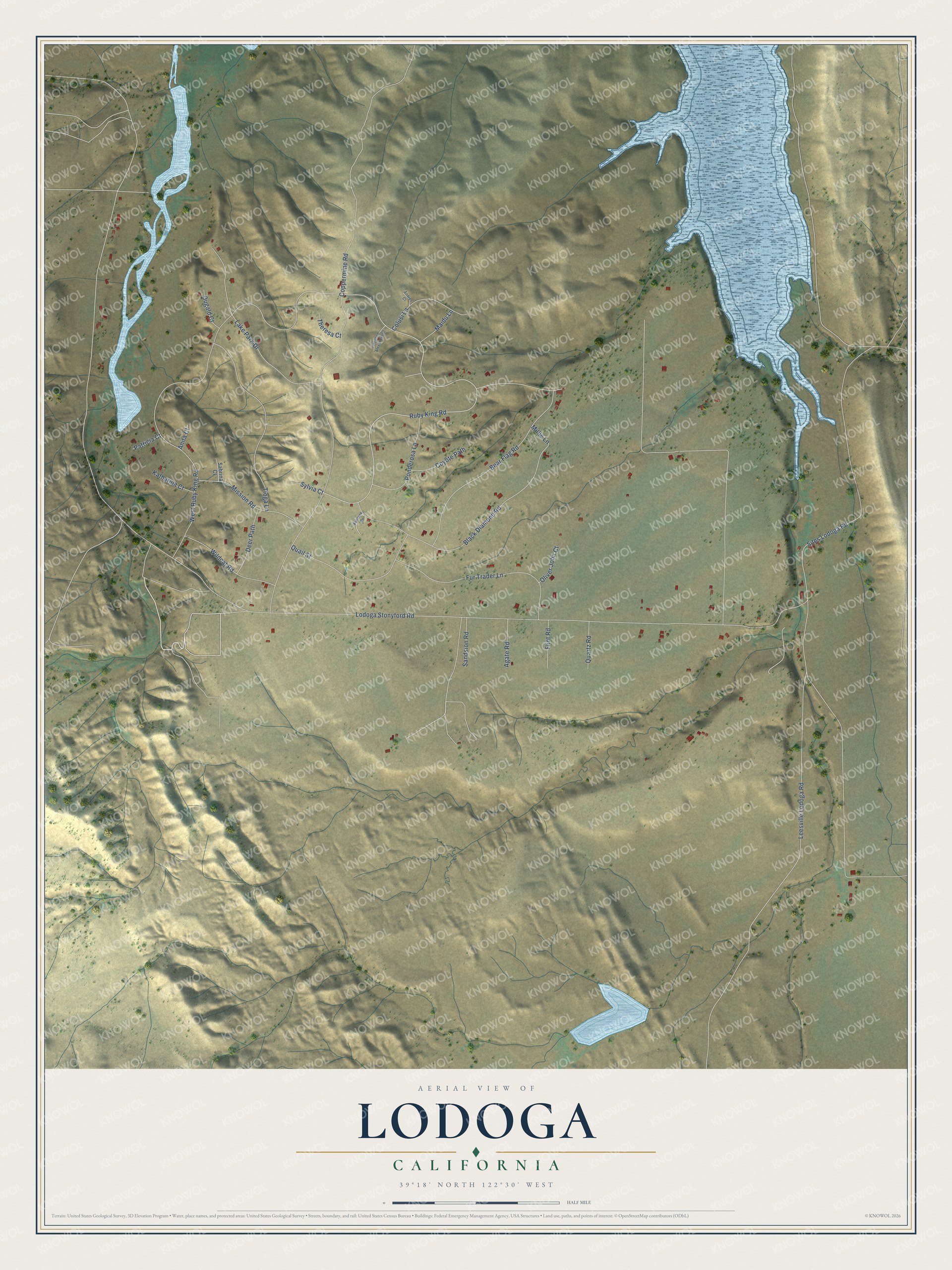 Full map of Lodoga, California, with red buildings, printed street names and the land around them