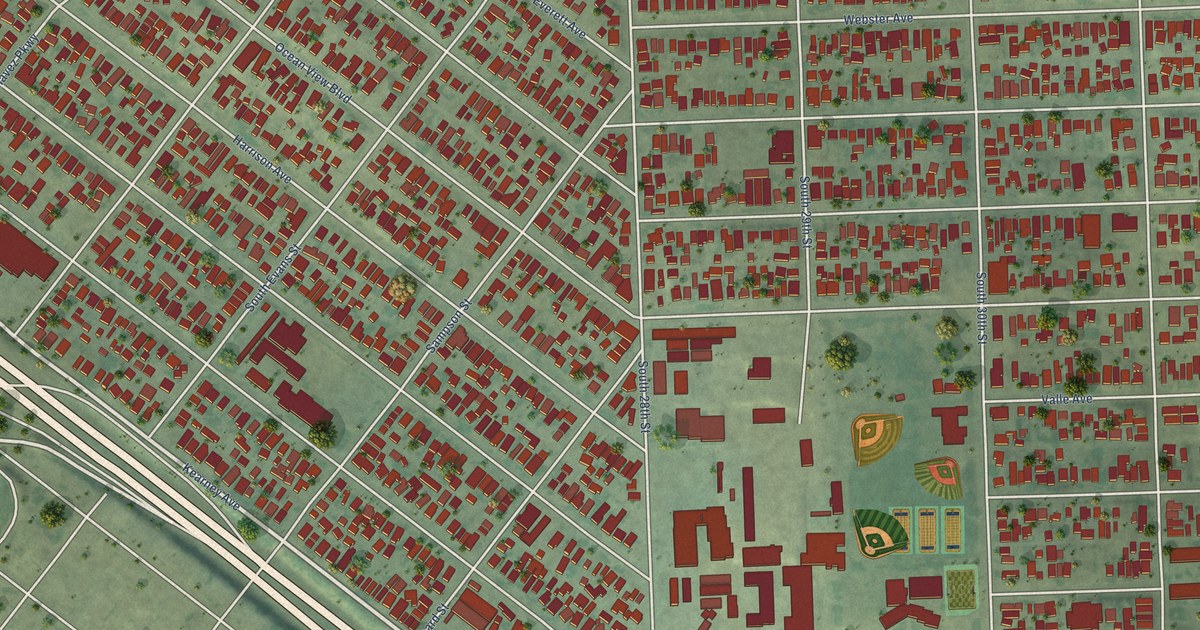 Close-up of streets and buildings in Logan Heights, California