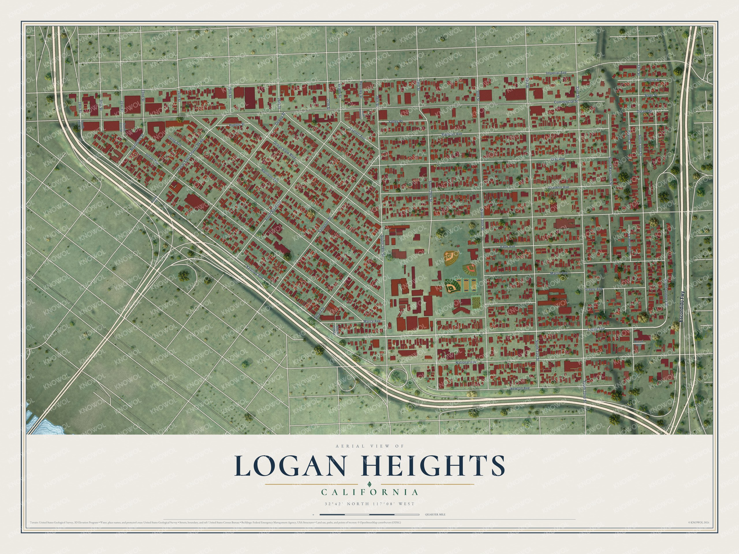 Full map of Logan Heights, California, with red buildings, printed street names and the land around them