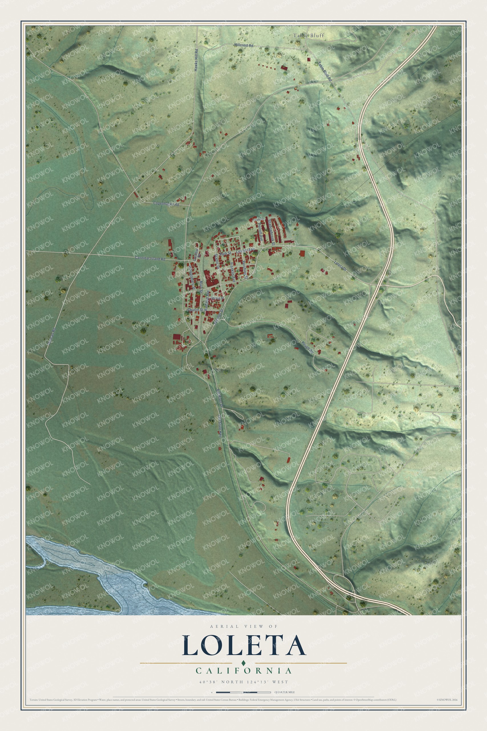 Full map of Loleta, California, with red buildings, printed street names and the land around them