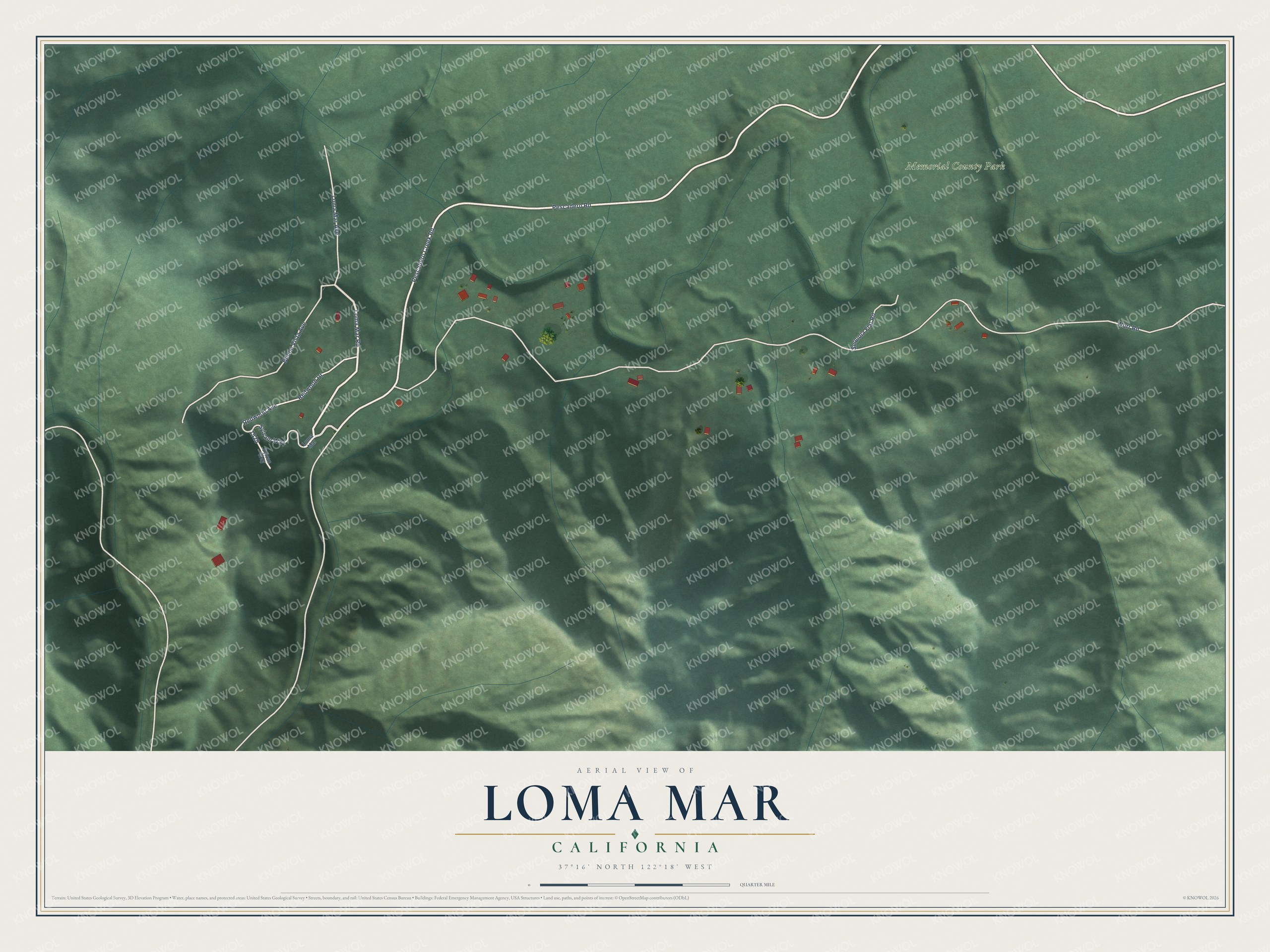 Full map of Loma Mar, California, with red buildings, printed street names and the land around them