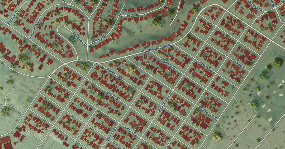Close-up of streets and buildings in Loma Portal, California