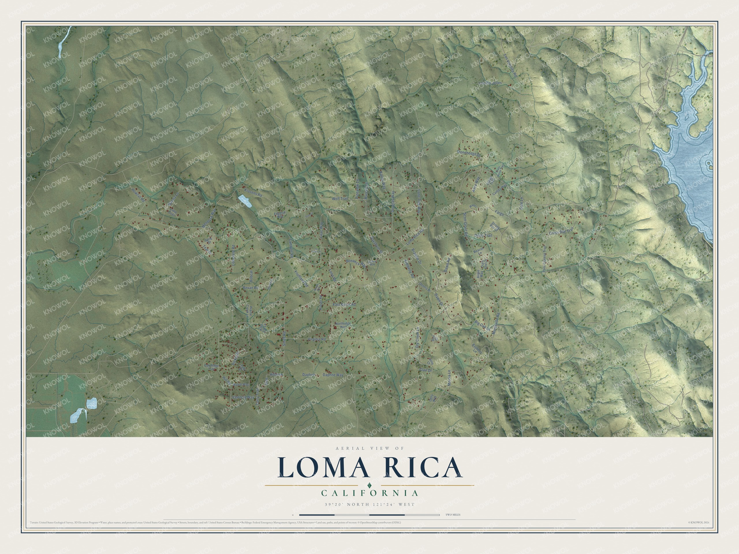 Full map of Loma Rica, California, with red buildings, printed street names and the land around them