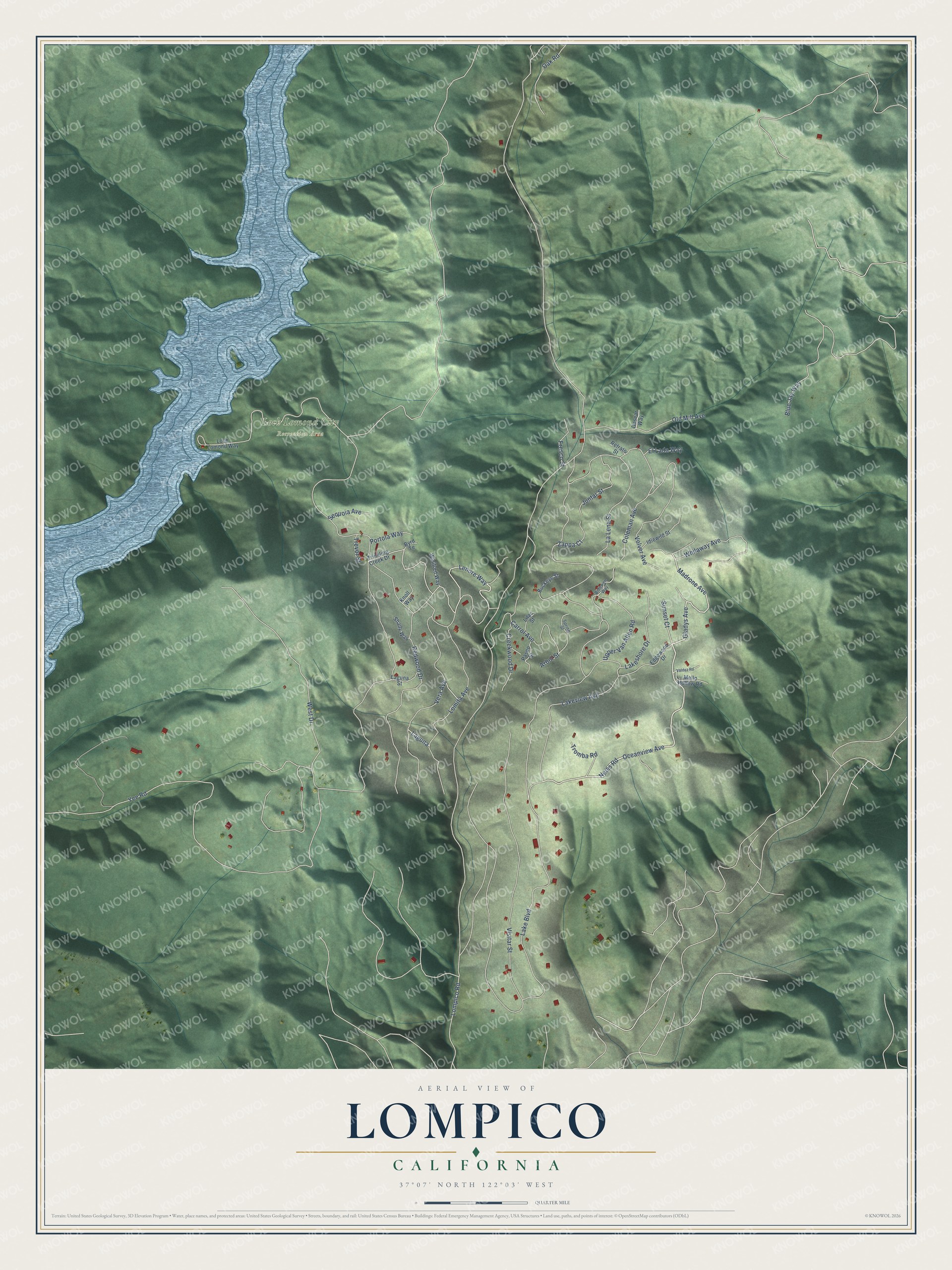 Full map of Lompico, California, with red buildings, printed street names and the land around them