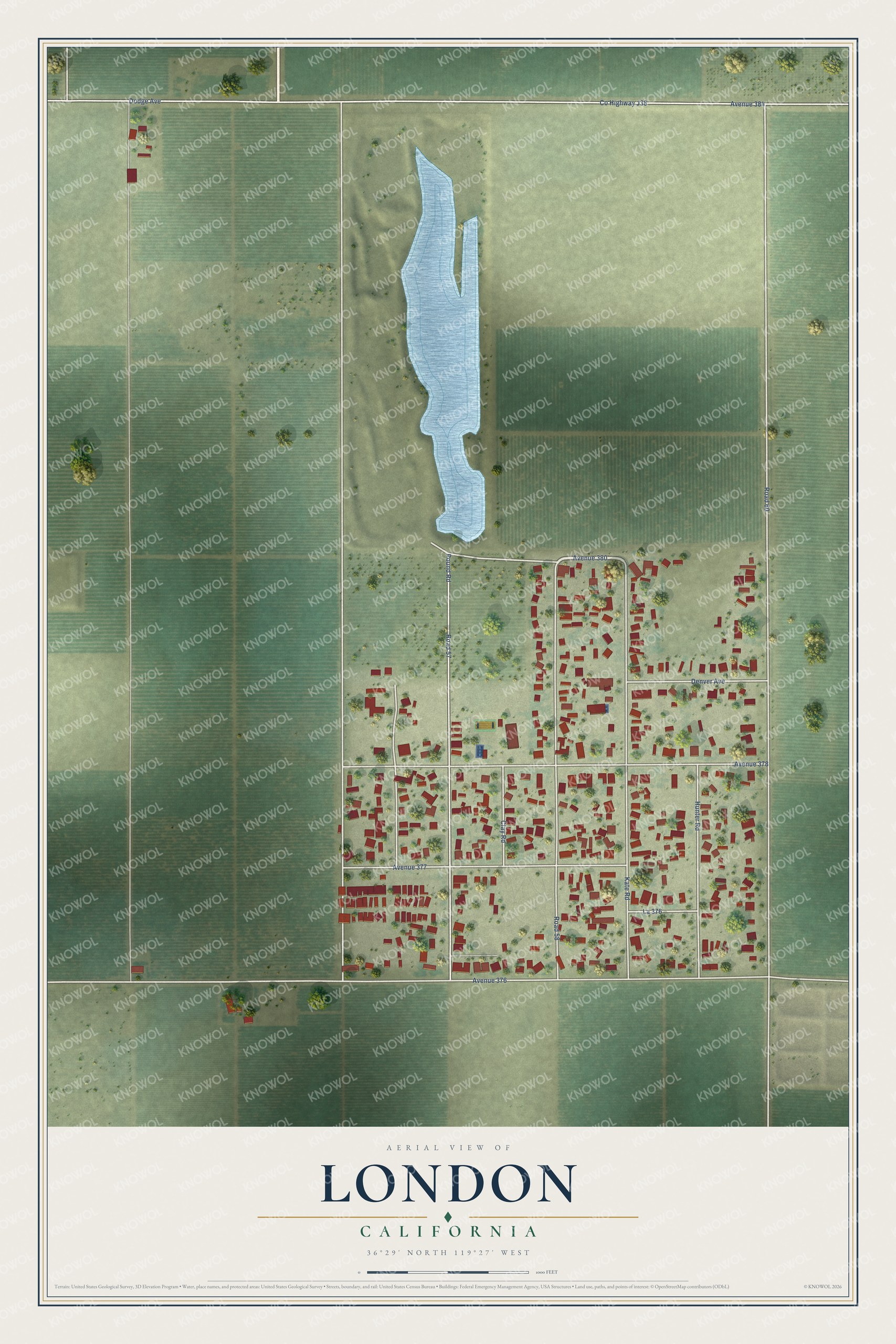 Full map of London, California, with red buildings, printed street names and the land around them