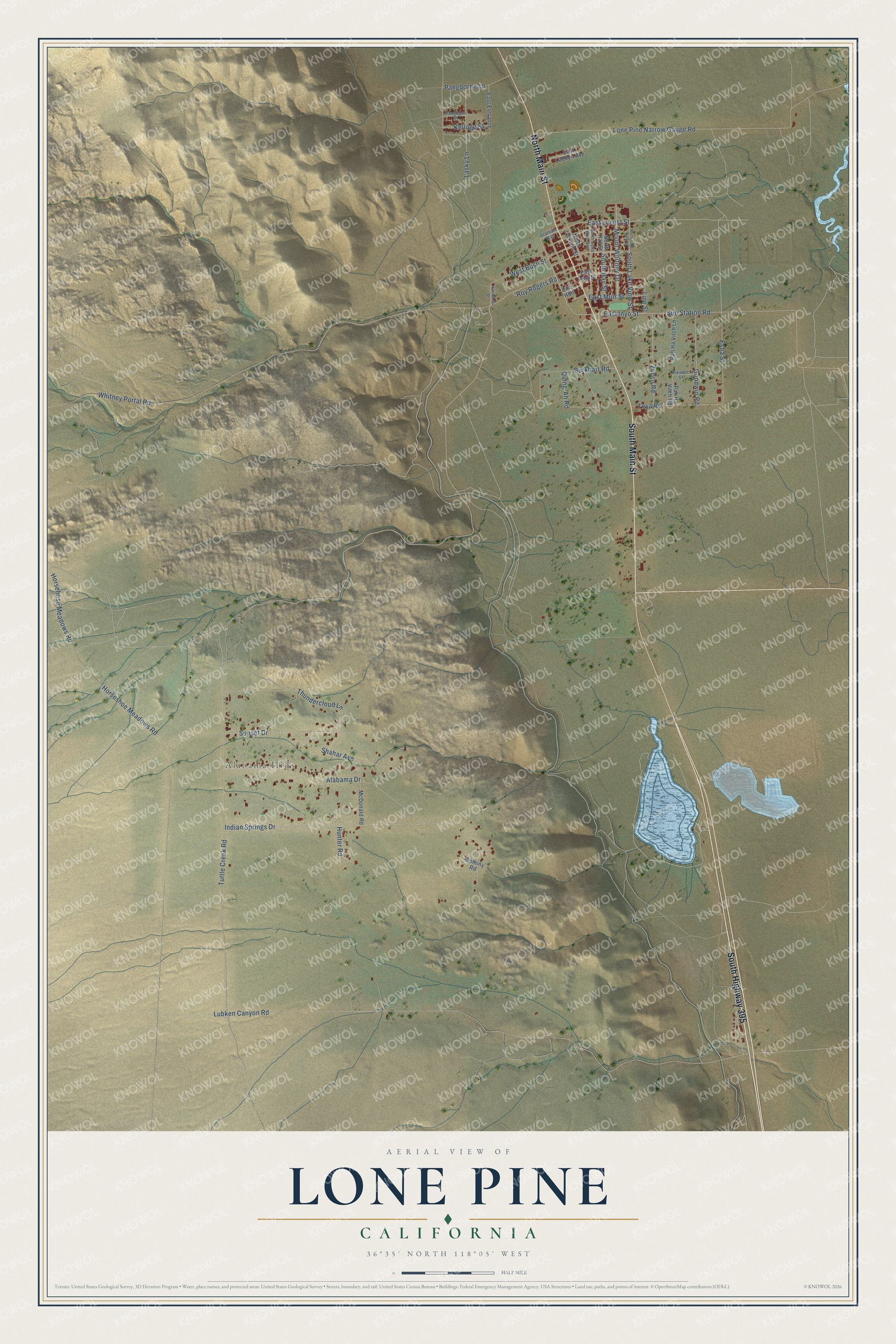 Full map of Lone Pine, California, with red buildings, printed street names and the land around them