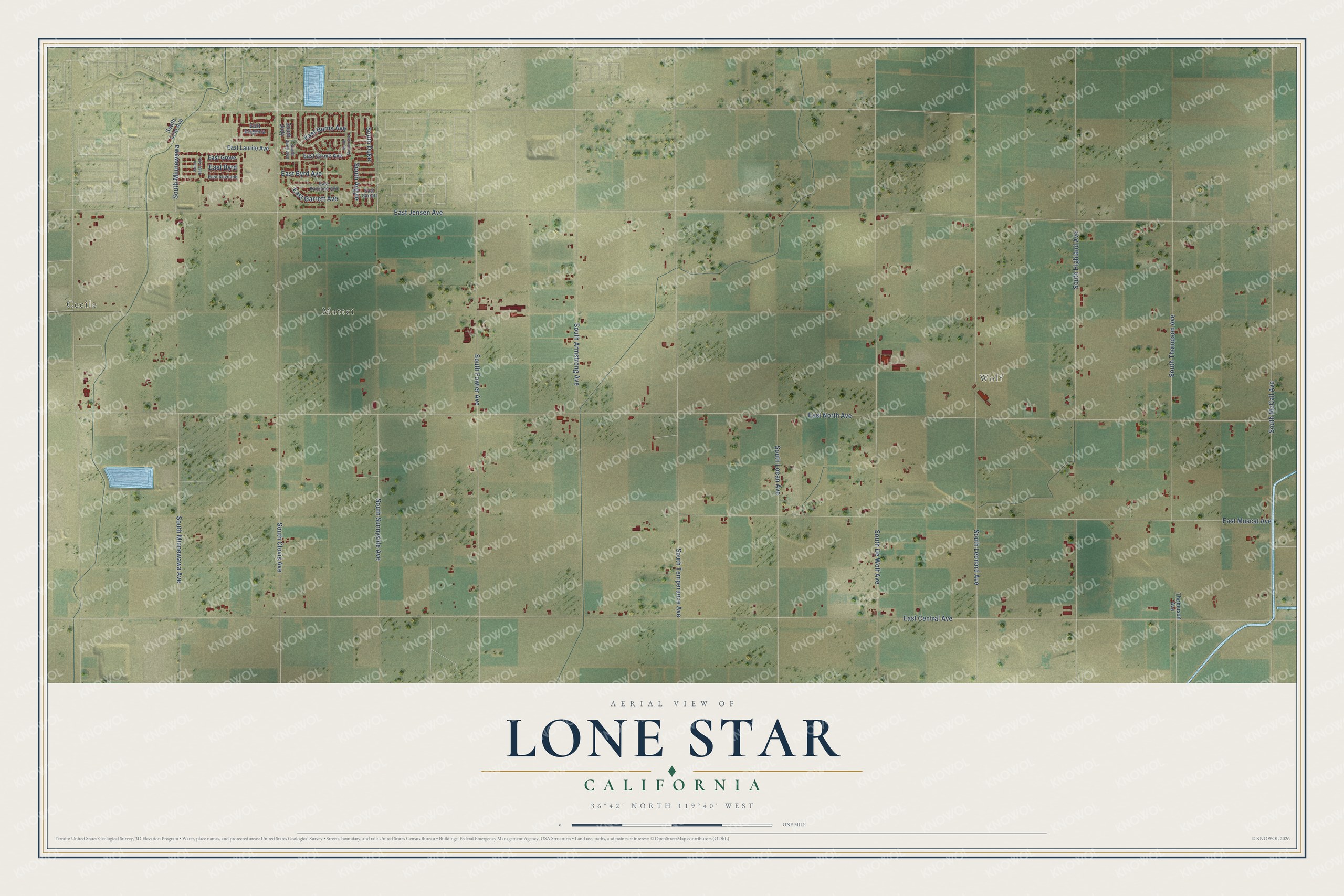 Full map of Lone Star, California, with red buildings, printed street names and the land around them