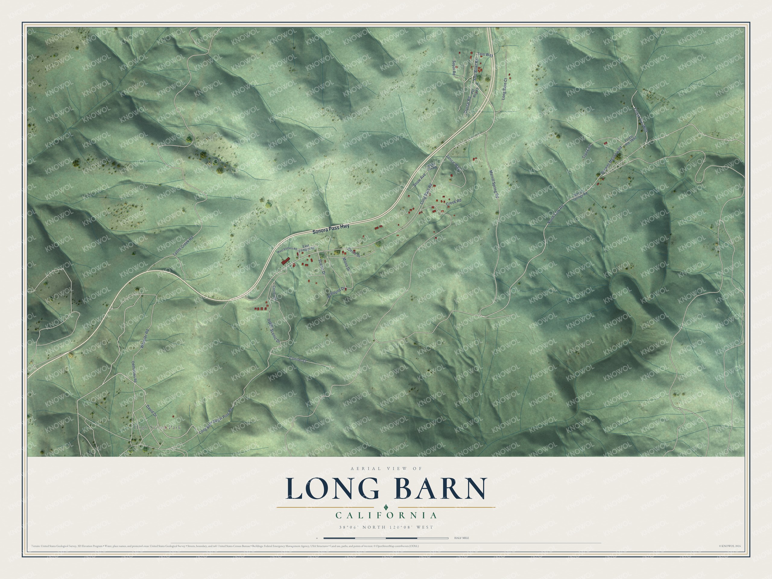 Full map of Long Barn, California, with red buildings, printed street names and the land around them