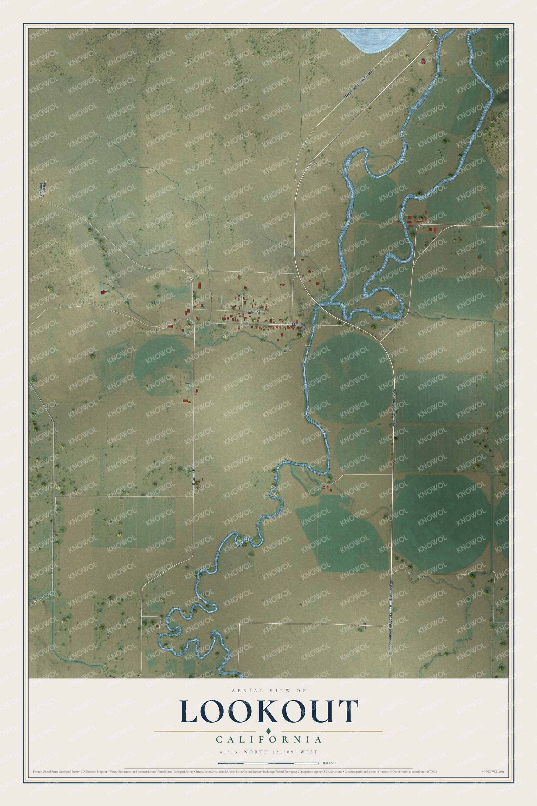 Full map of Lookout, California, with red buildings, printed street names and the land around them