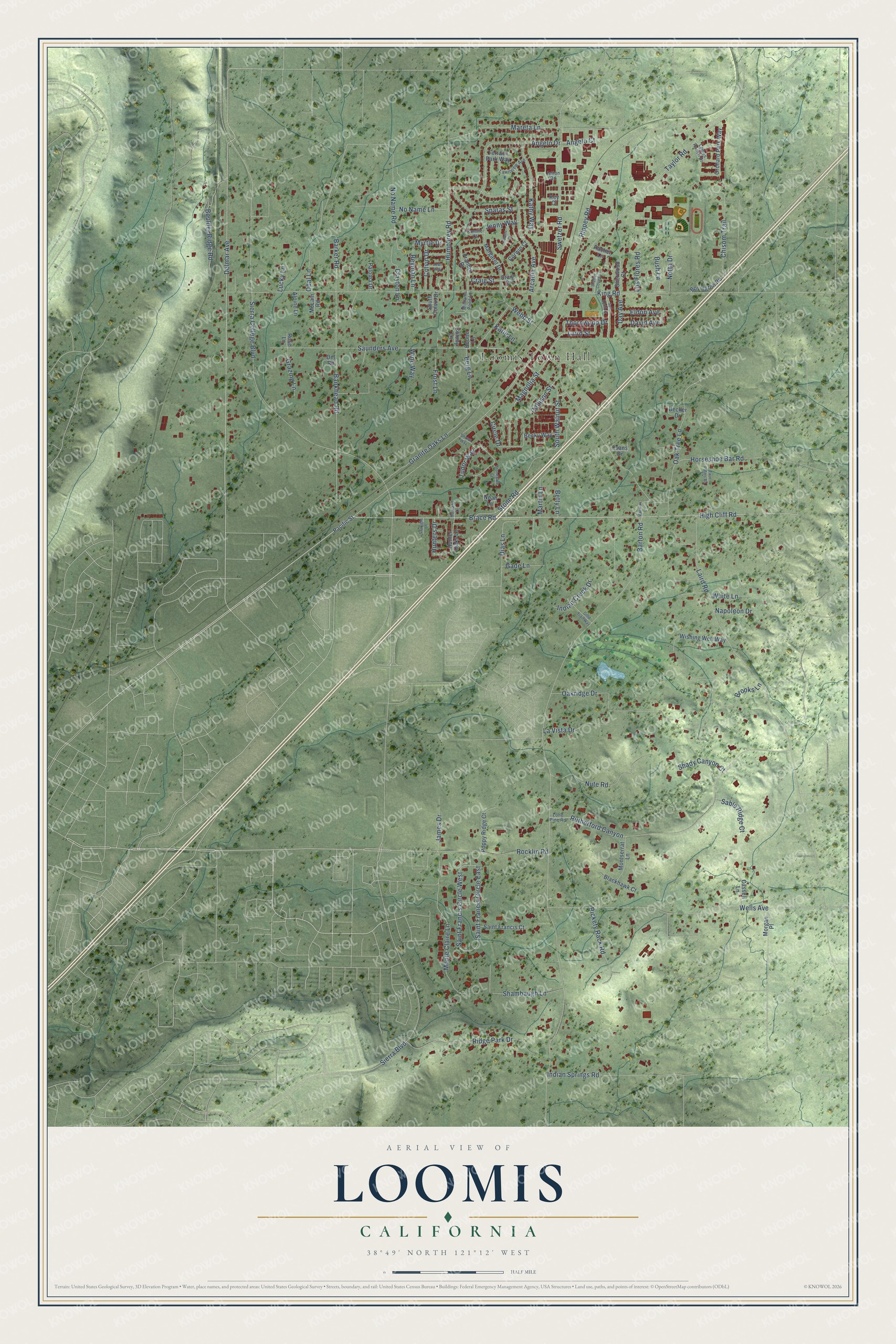 Full map of Loomis, California, with red buildings, printed street names and the land around them