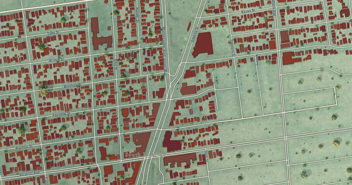 Close-up of streets and buildings in Lorin, California