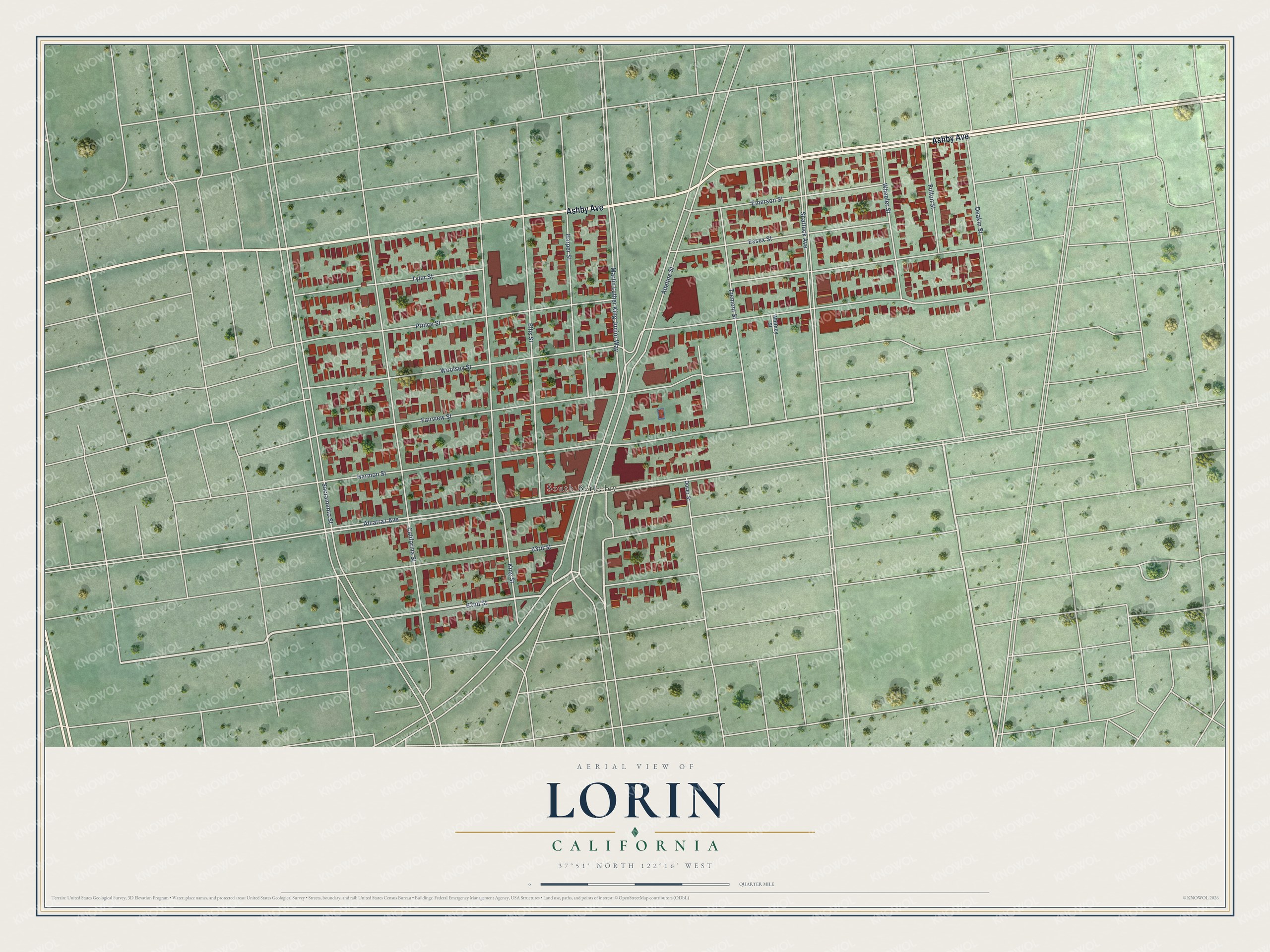 Full map of Lorin, California, with red buildings, printed street names and the land around them