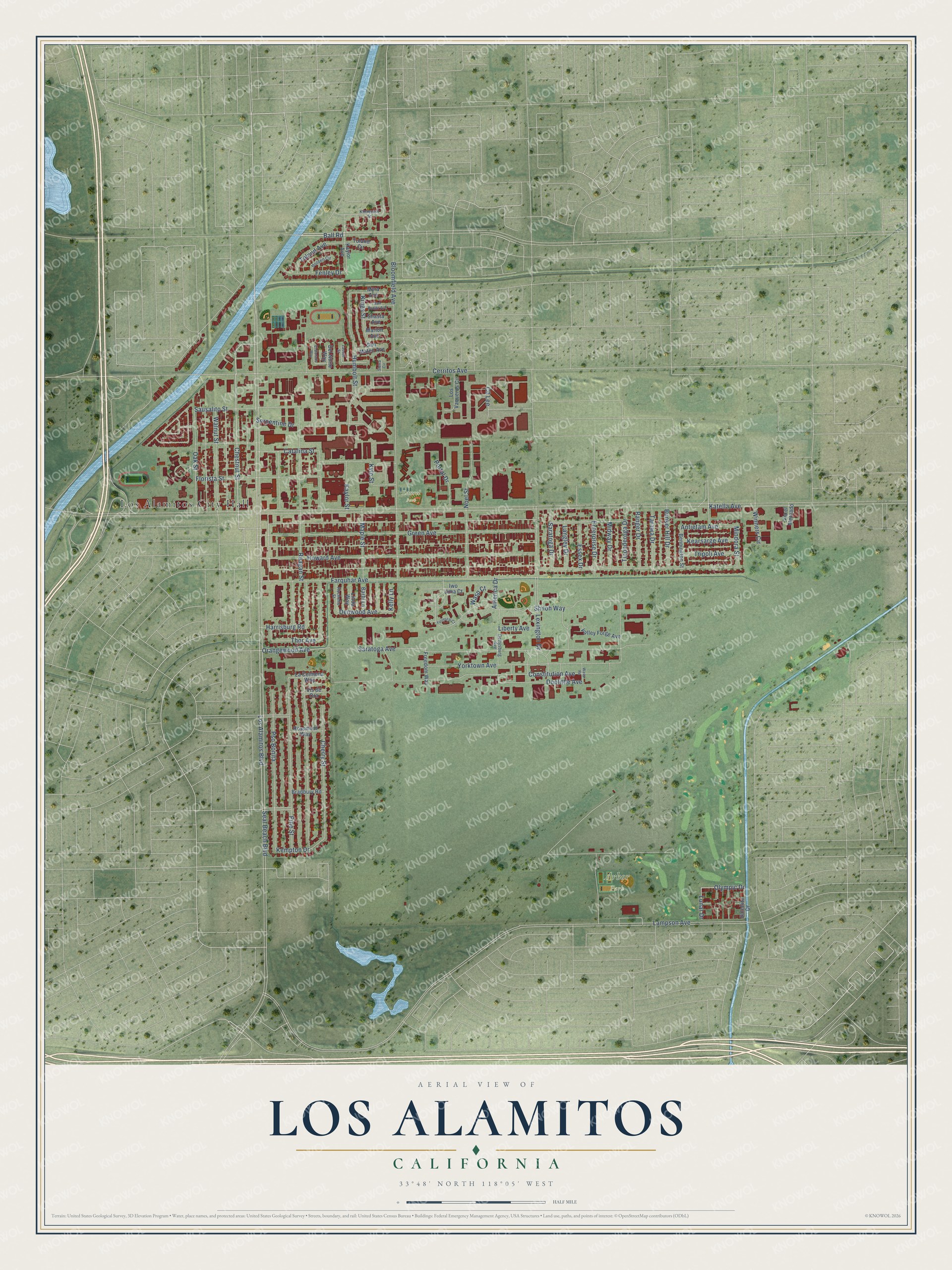 Full map of Los Alamitos, California, with red buildings, printed street names and the land around them