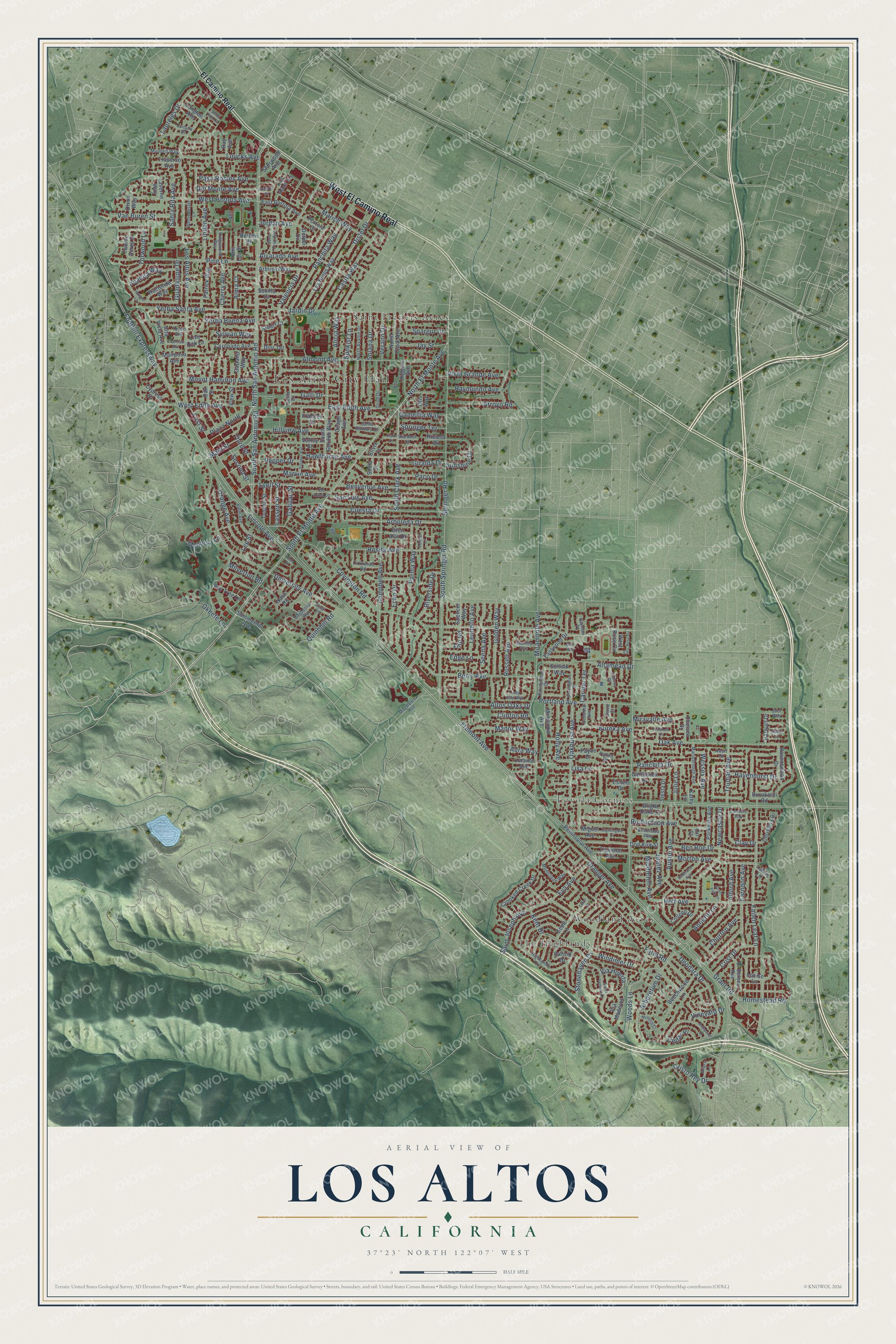Full map of Los Altos, California, with red buildings, printed street names and the land around them