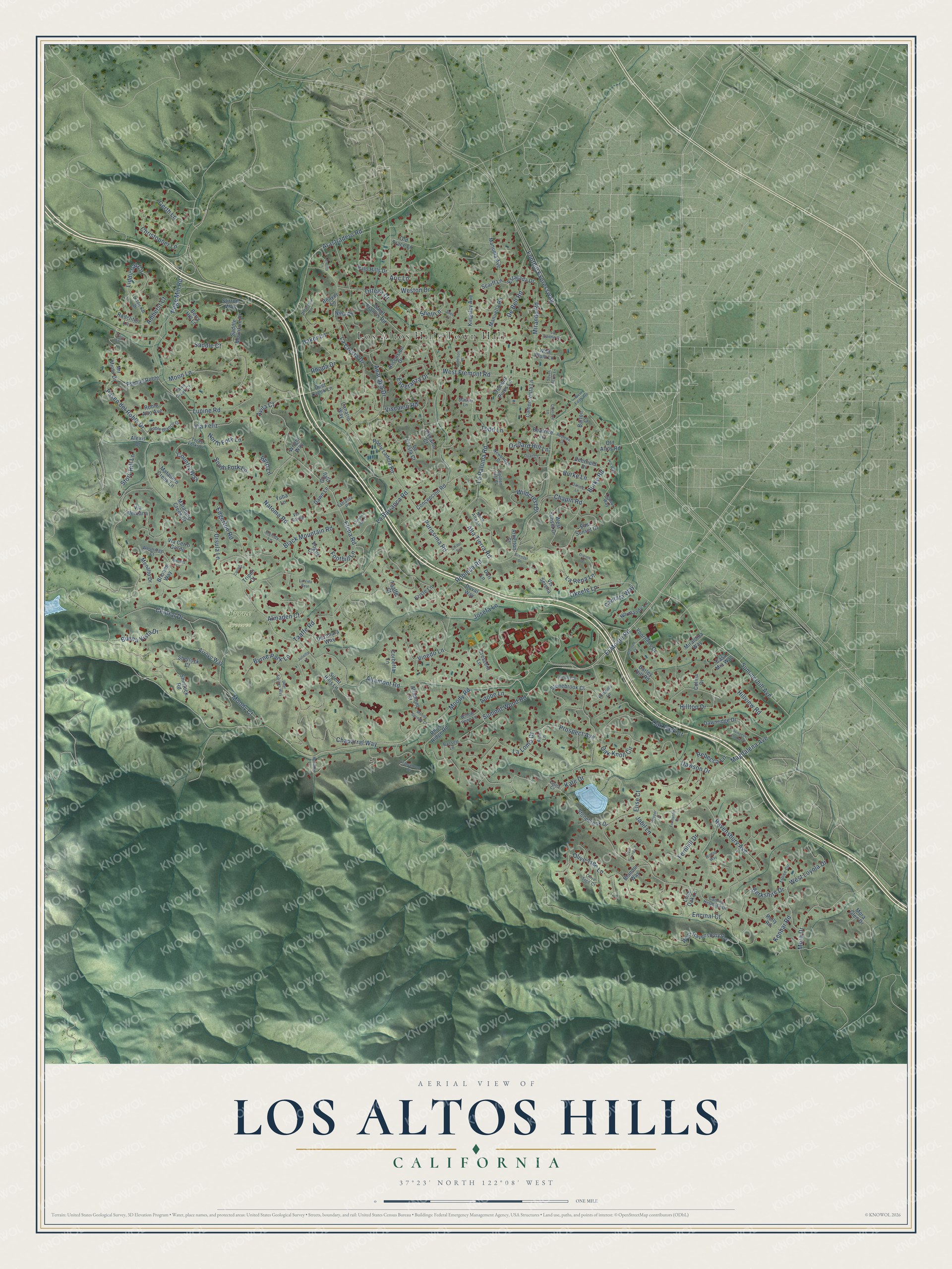 Full map of Los Altos Hills, California, with red buildings, printed street names and the land around them