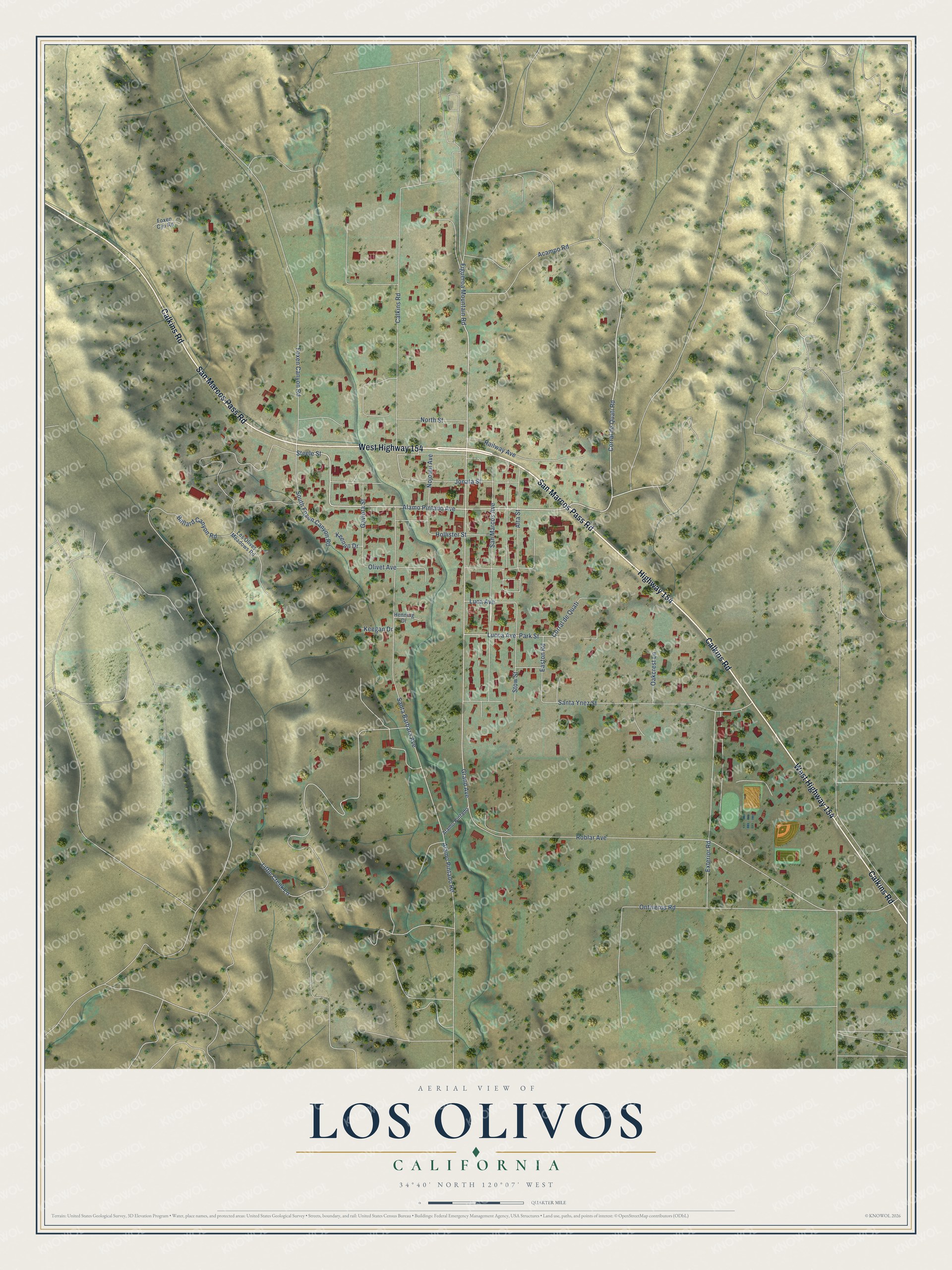Full map of Los Olivos, California, with red buildings, printed street names and the land around them