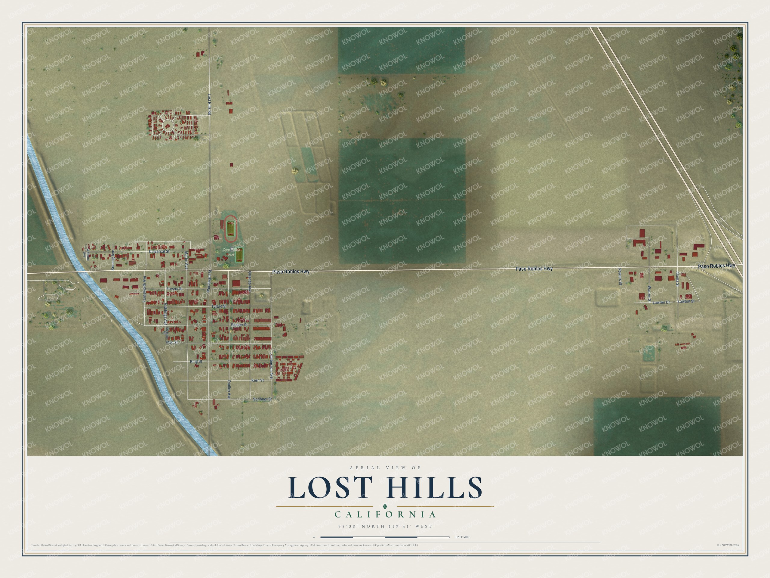 Full map of Lost Hills, California, with red buildings, printed street names and the land around them