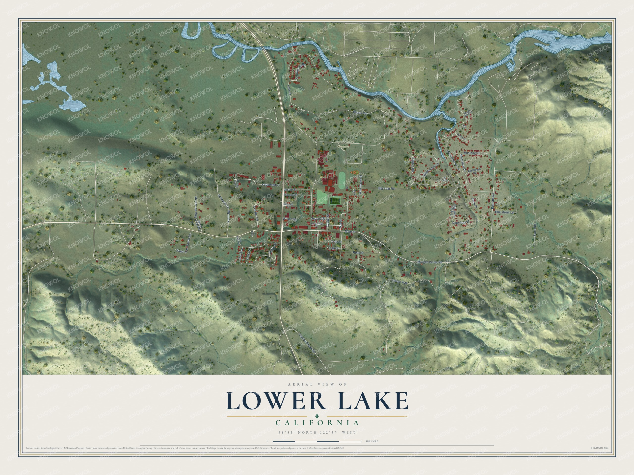 Full map of Lower Lake, California, with red buildings, printed street names and the land around them