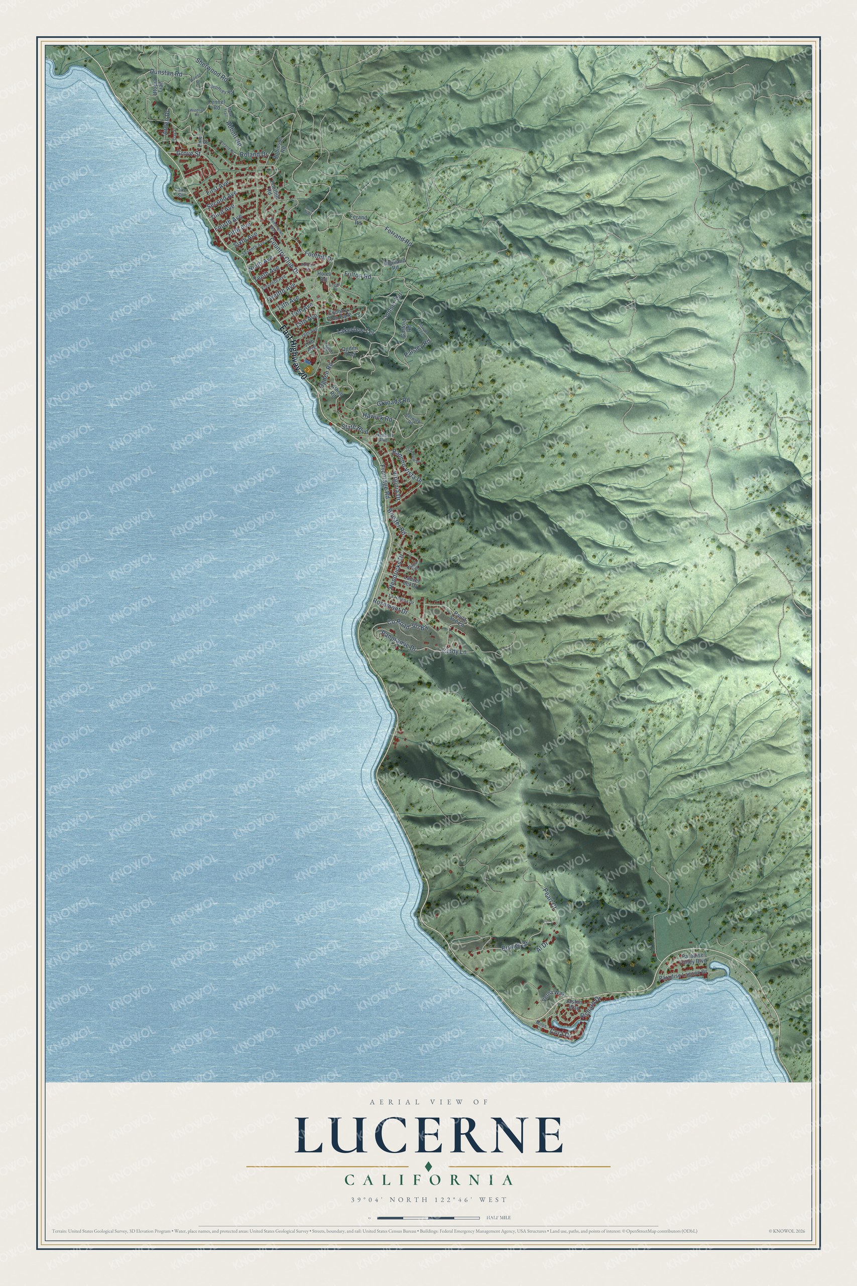 Full map of Lucerne, California, with red buildings, printed street names and the land around them