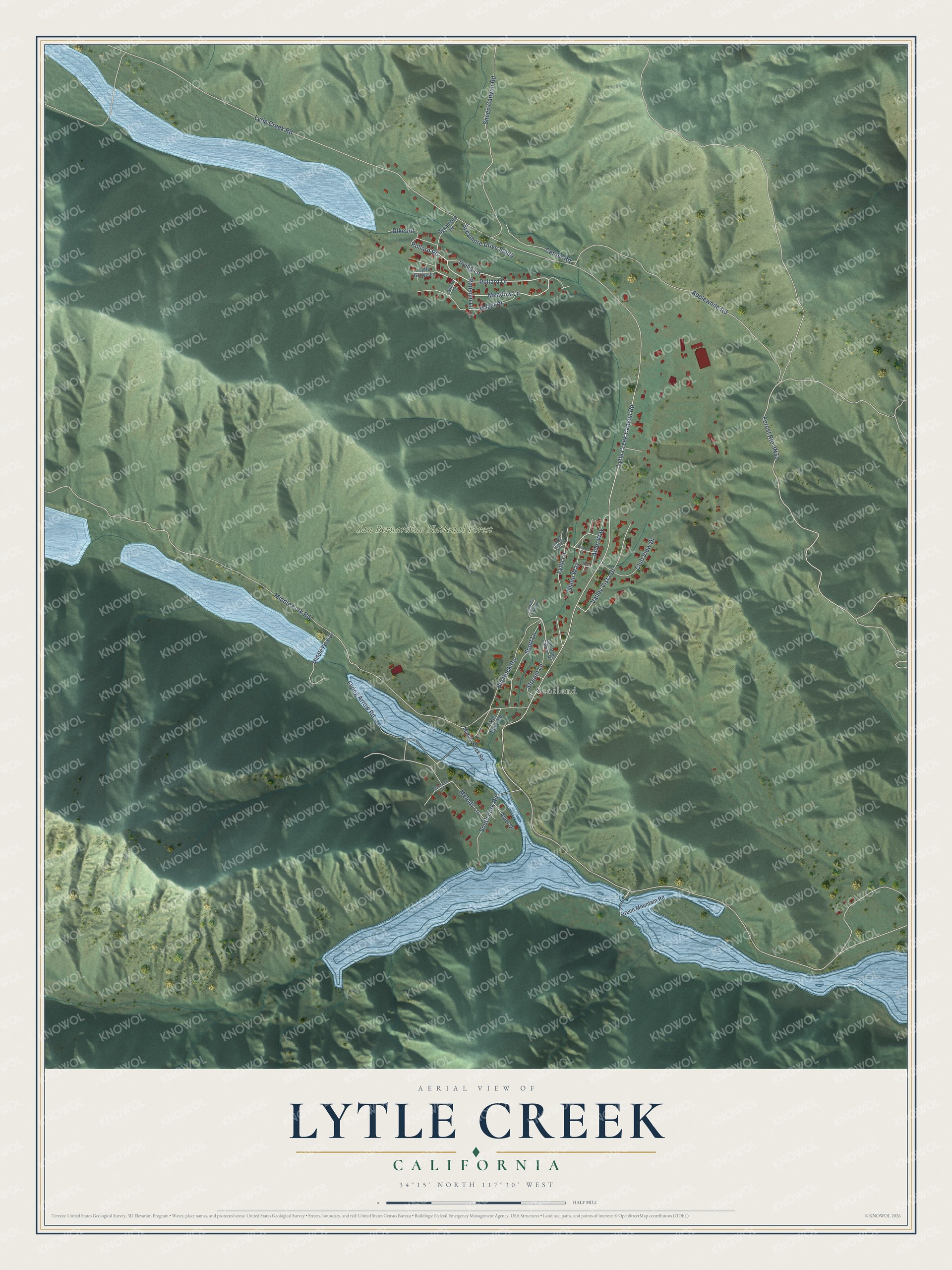 Full map of Lytle Creek, California, with red buildings, printed street names and the land around them
