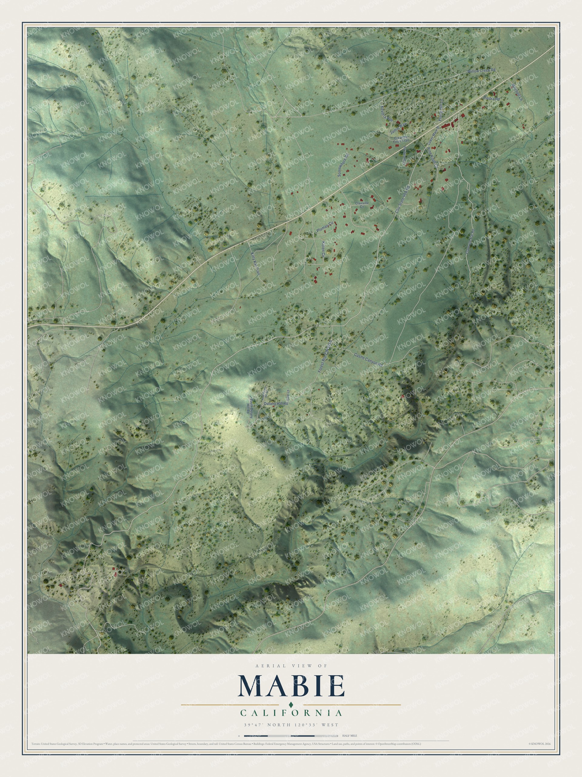 Full map of Mabie, California, with red buildings, printed street names and the land around them