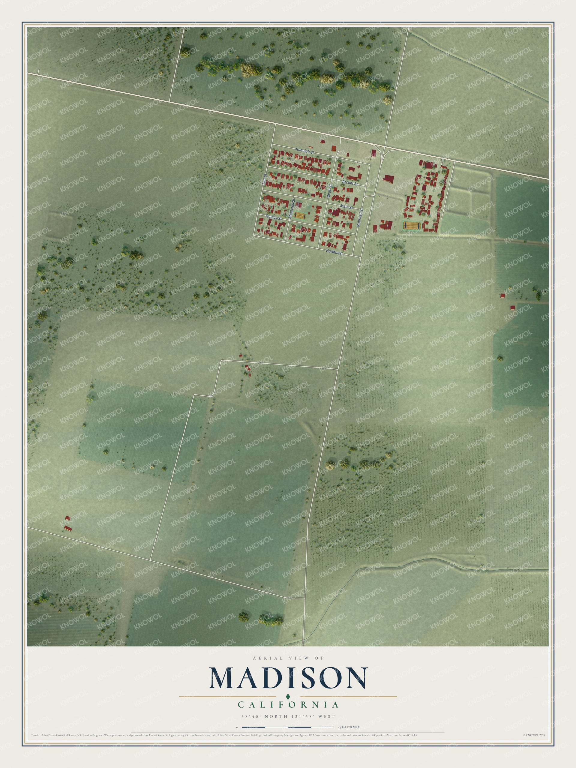 Full map of Madison, California, with red buildings, printed street names and the land around them